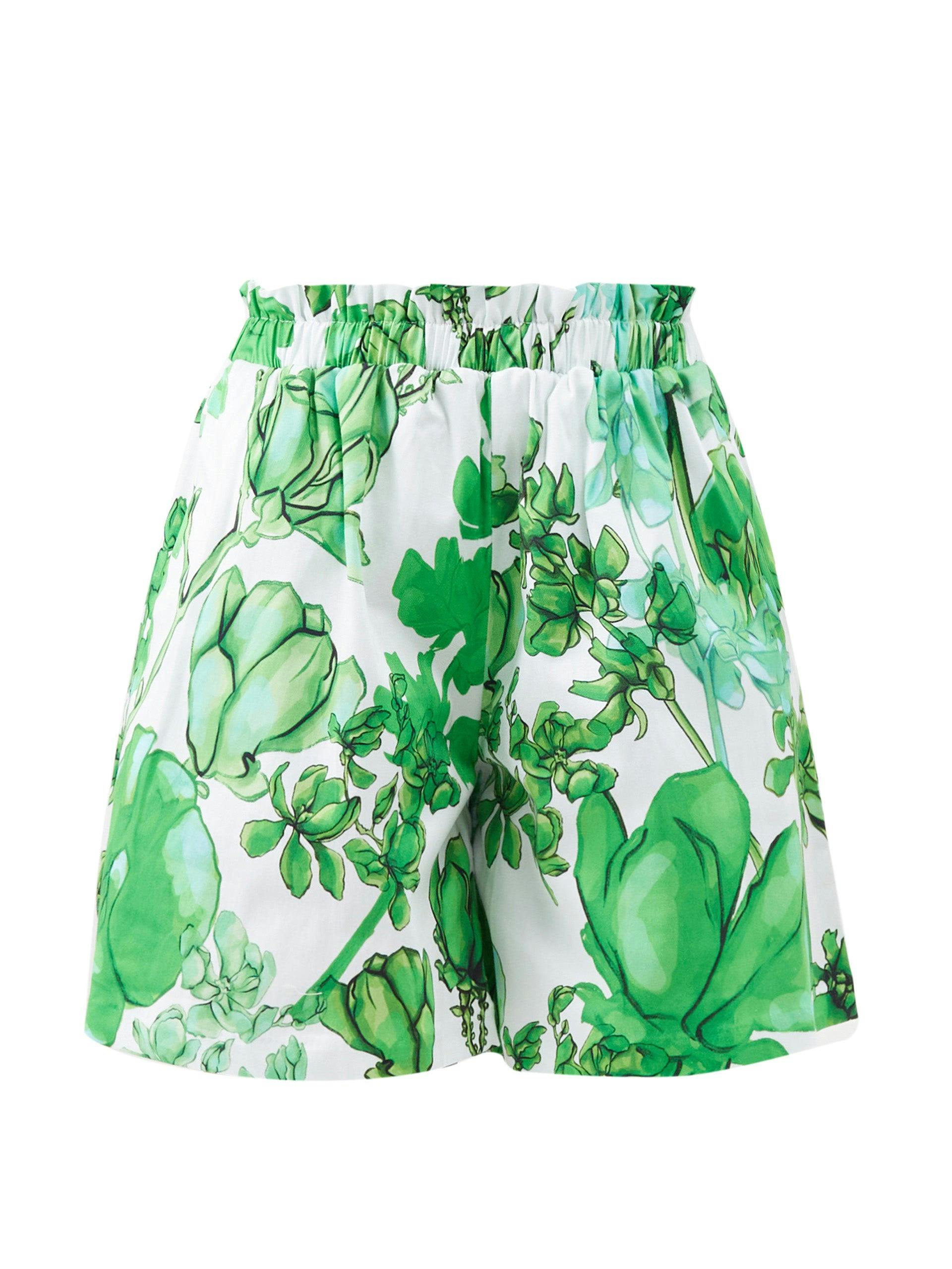 Green azalea-print cotton-blend shorts