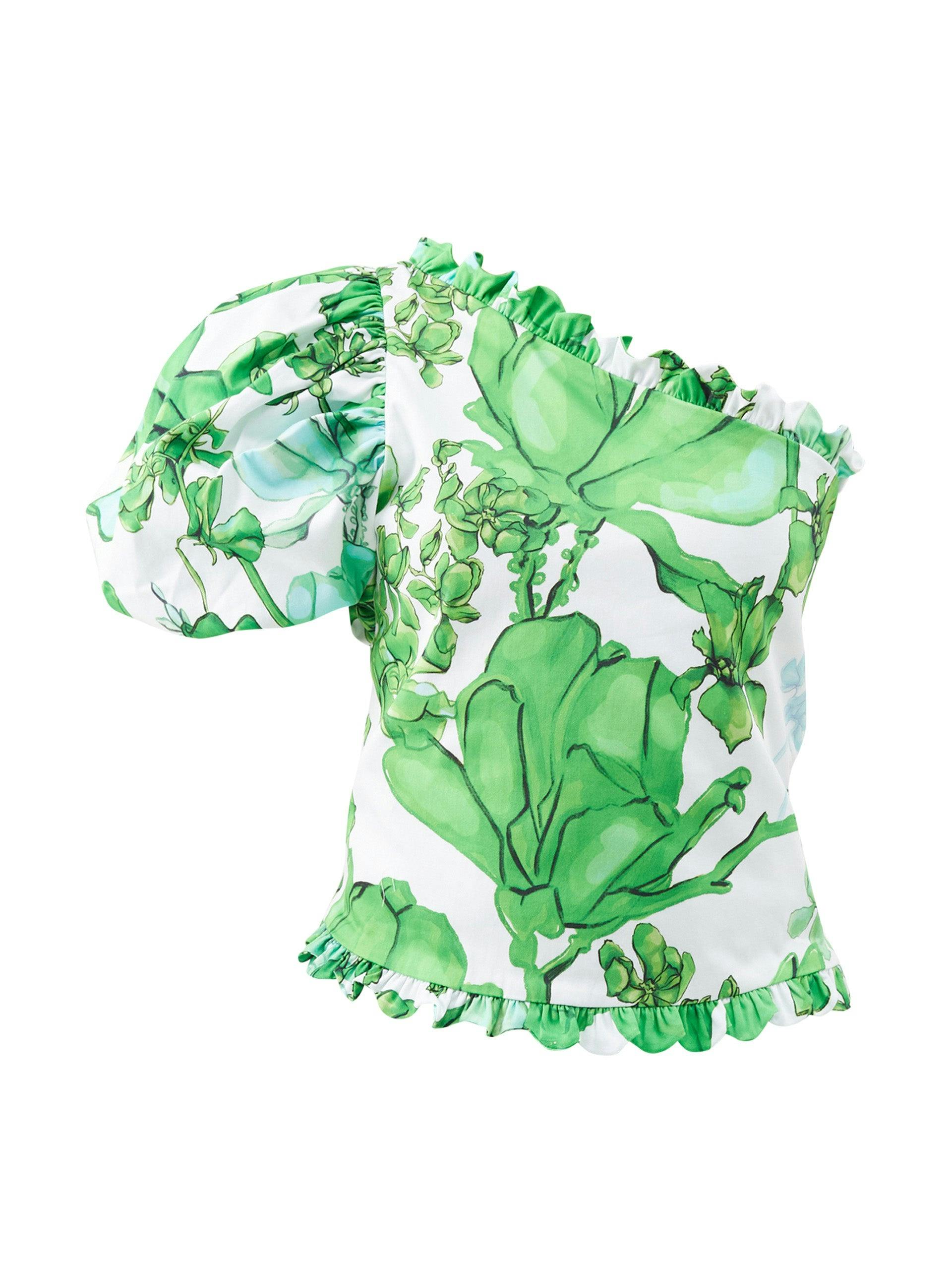 Green azalea-print one-shoulder cotton-blend top
