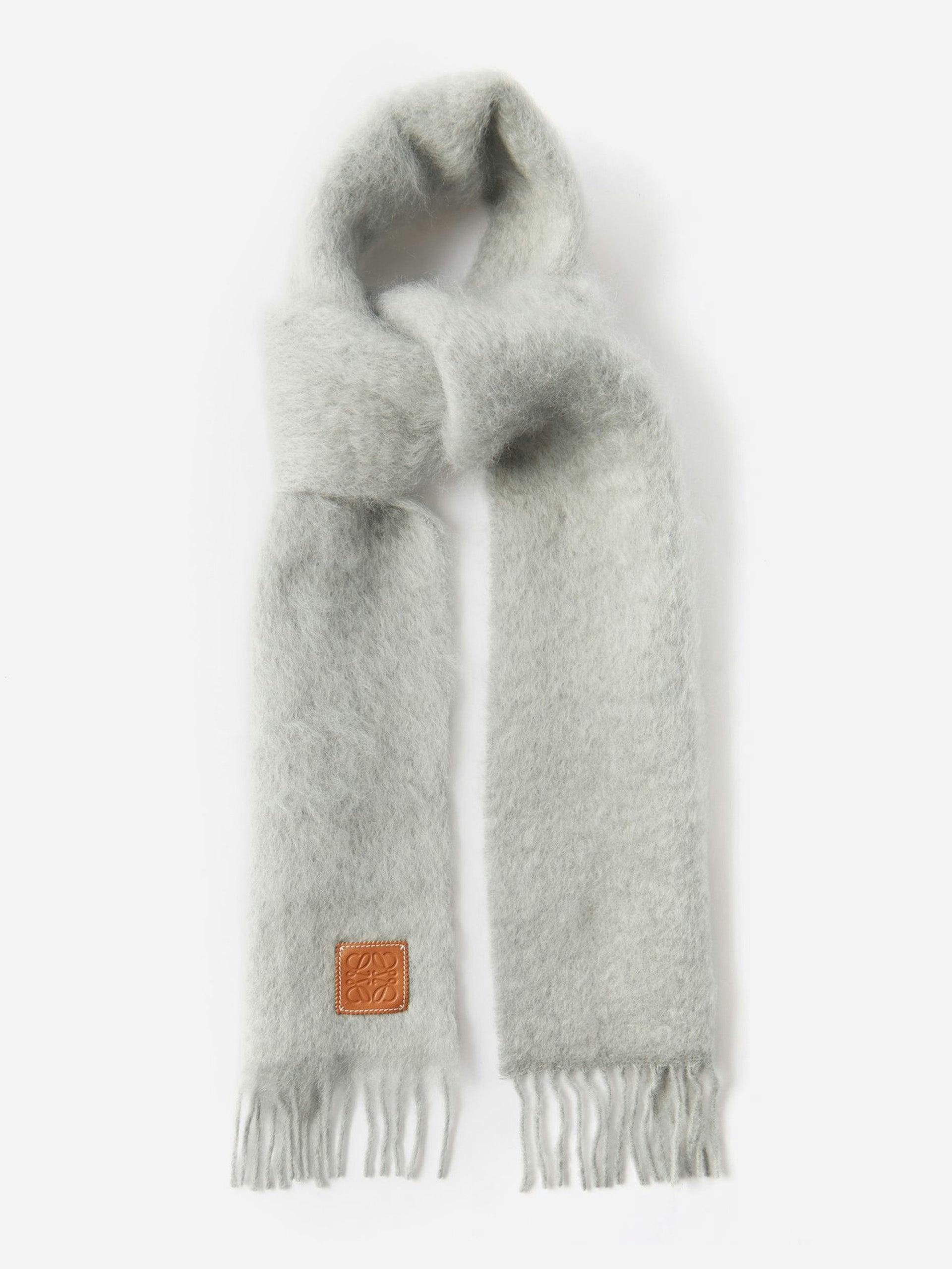 Grey anagram-patch fringed mohair-blend scarf