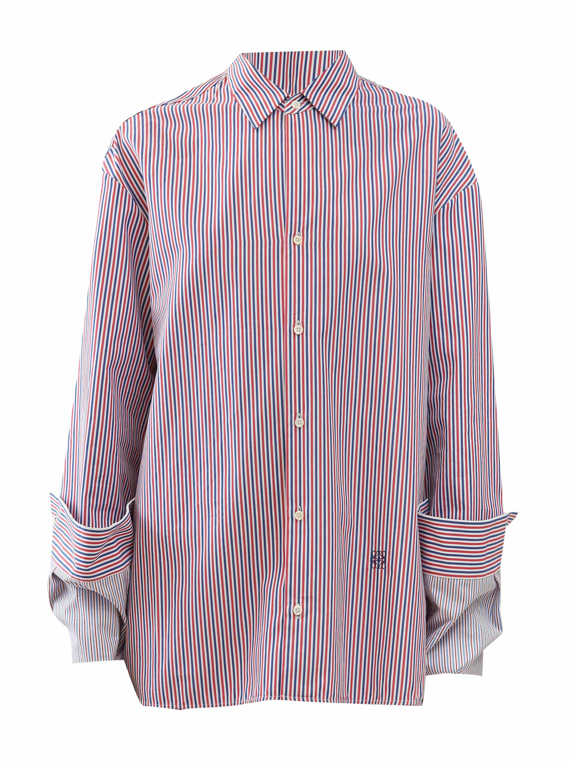 Turn-up cuff striped cotton-blend poplin shirt