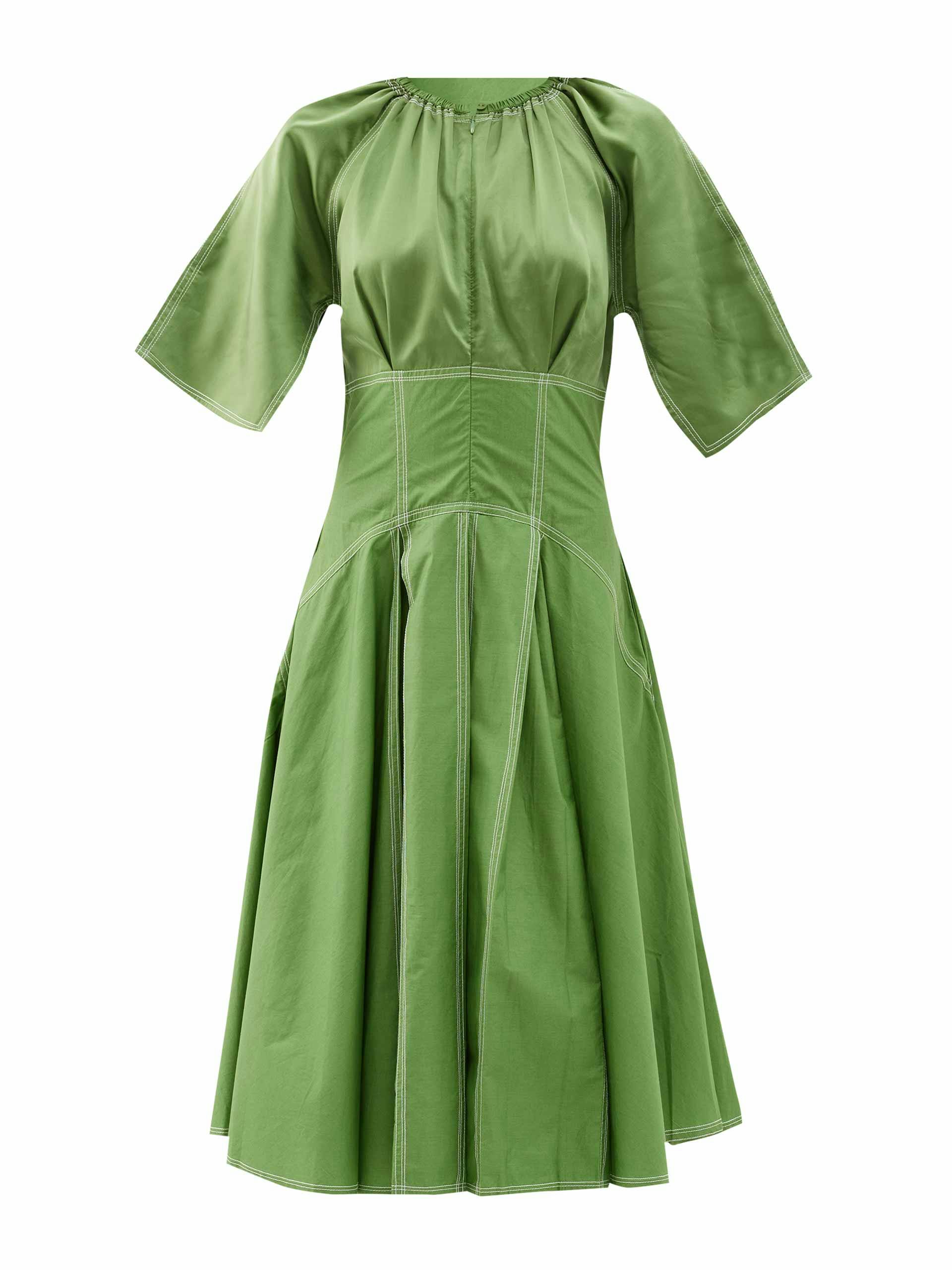 Green topstitched midi dress