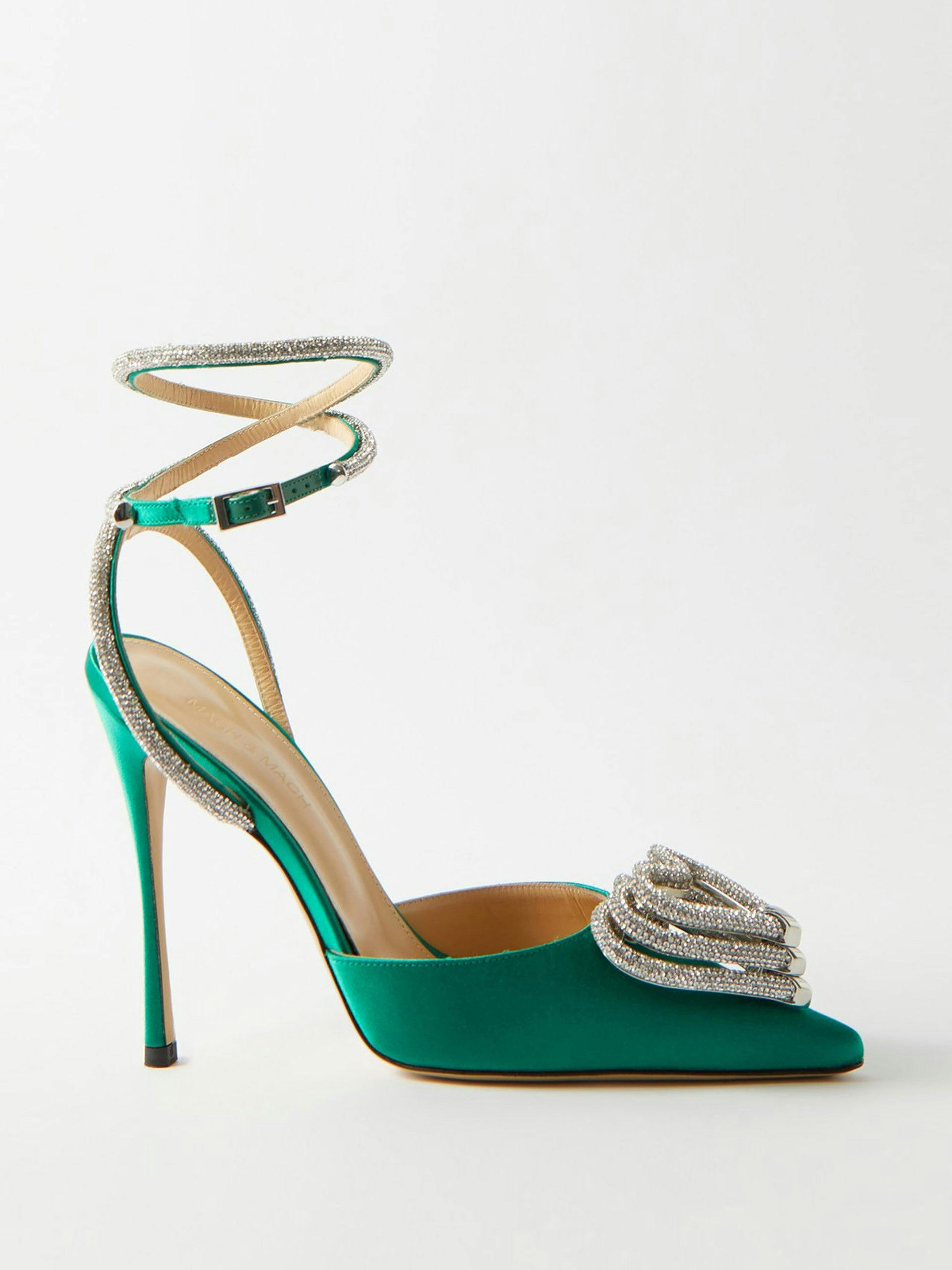 Green crystal and silk-satin heeled pumps