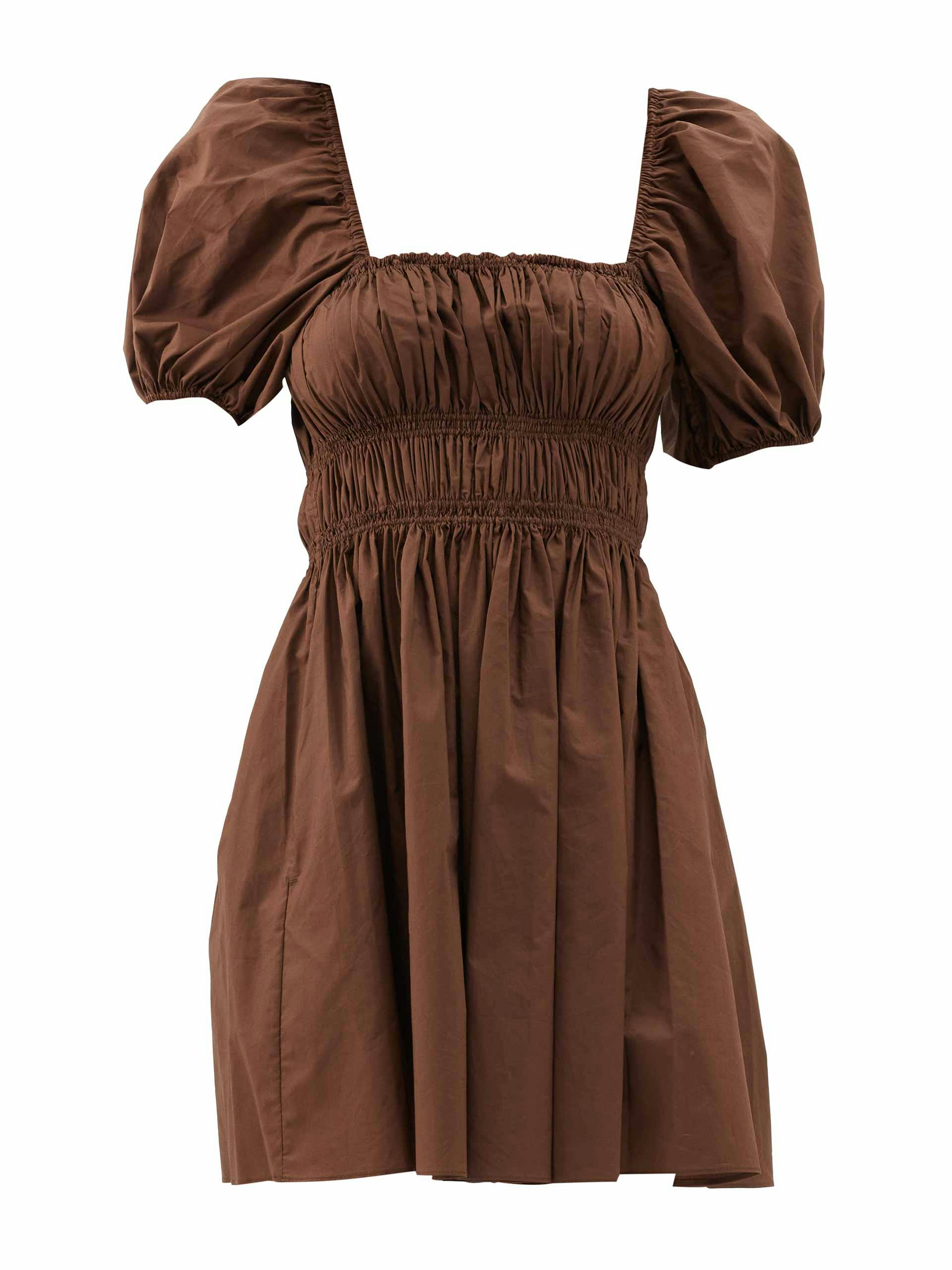 Brown square-neckline gathered cotton-poplin mini dress