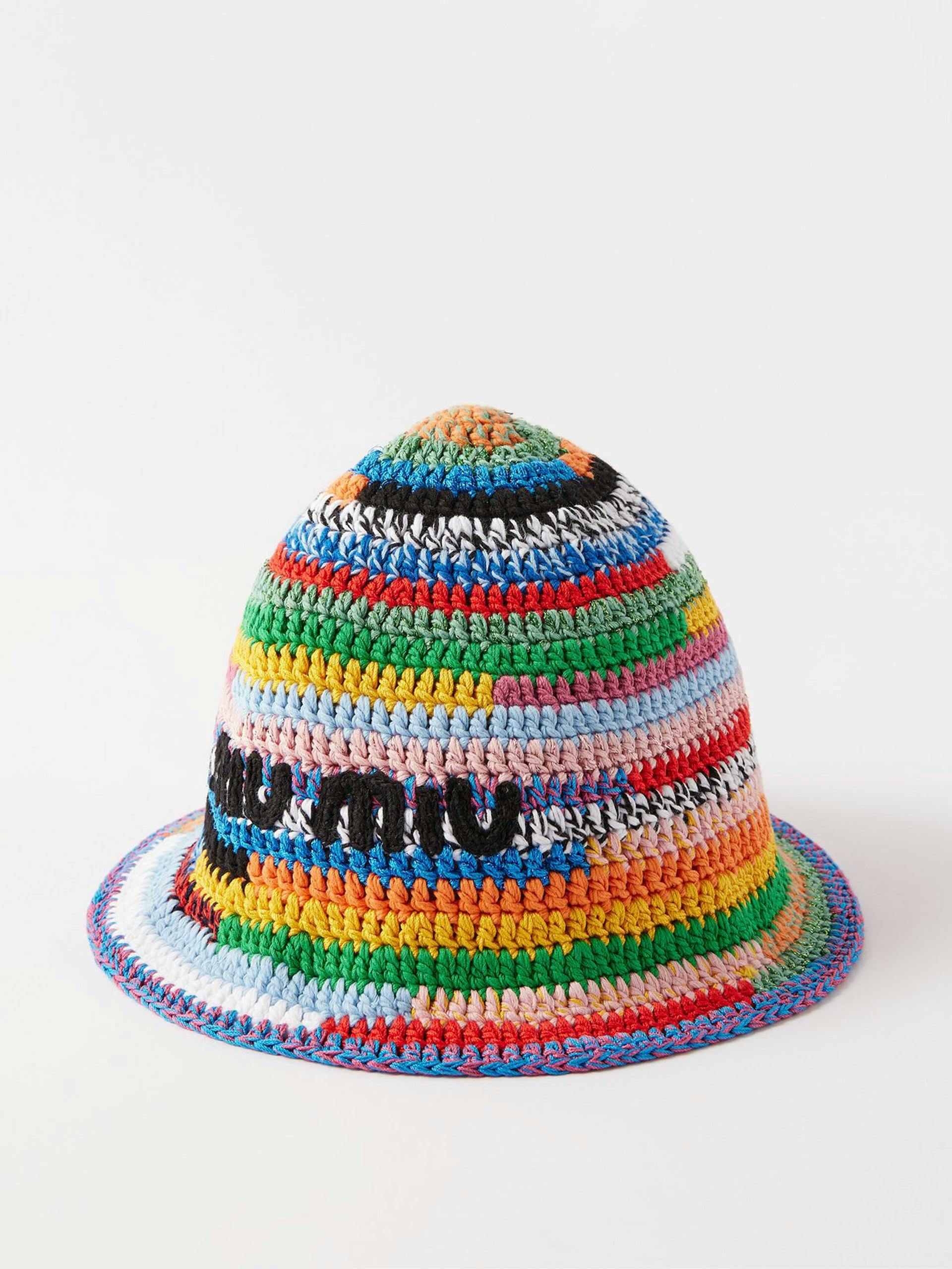 Multicoloured striped crocheted cotton bucket hat