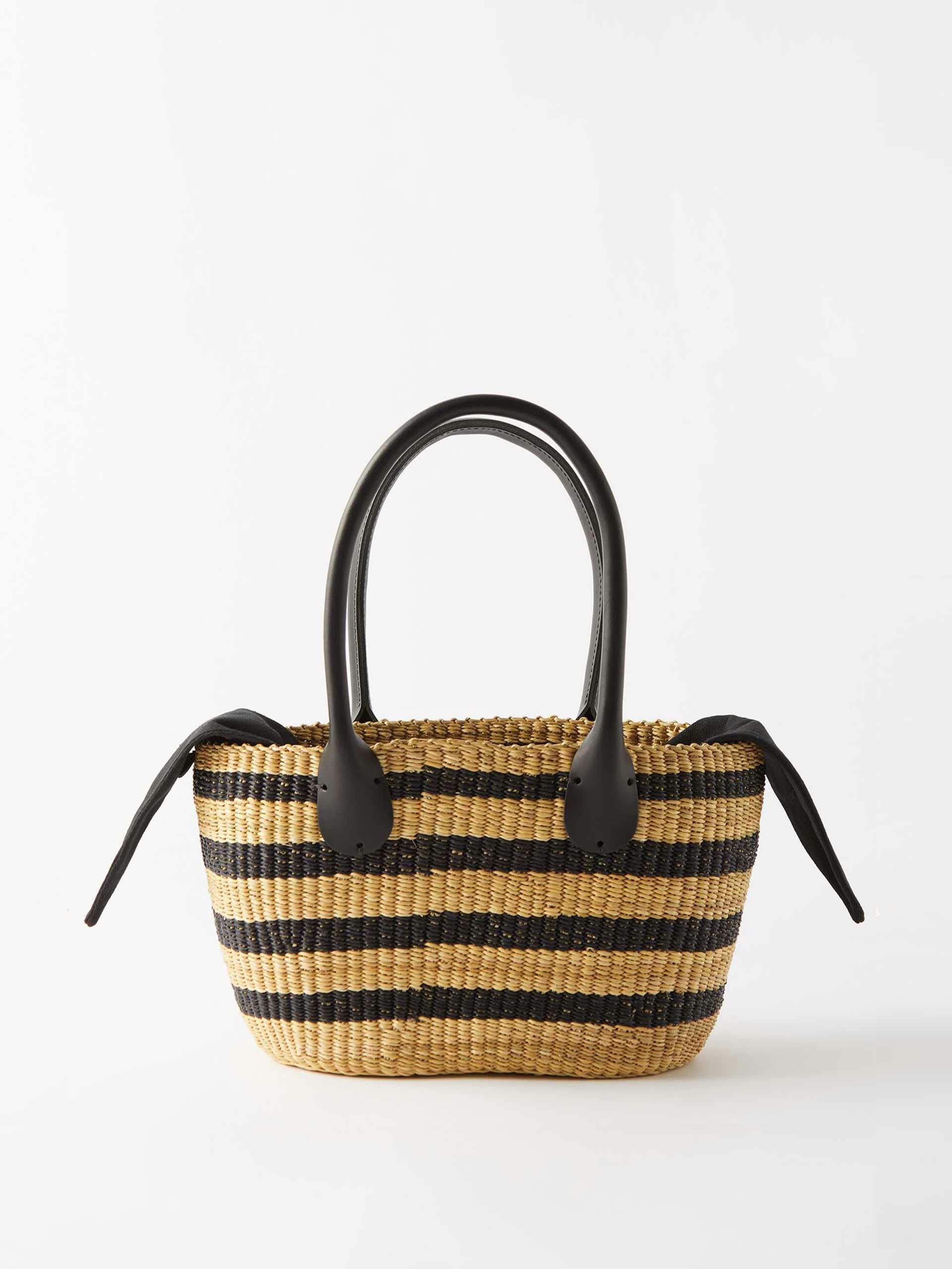 Beige & black woven basket bag