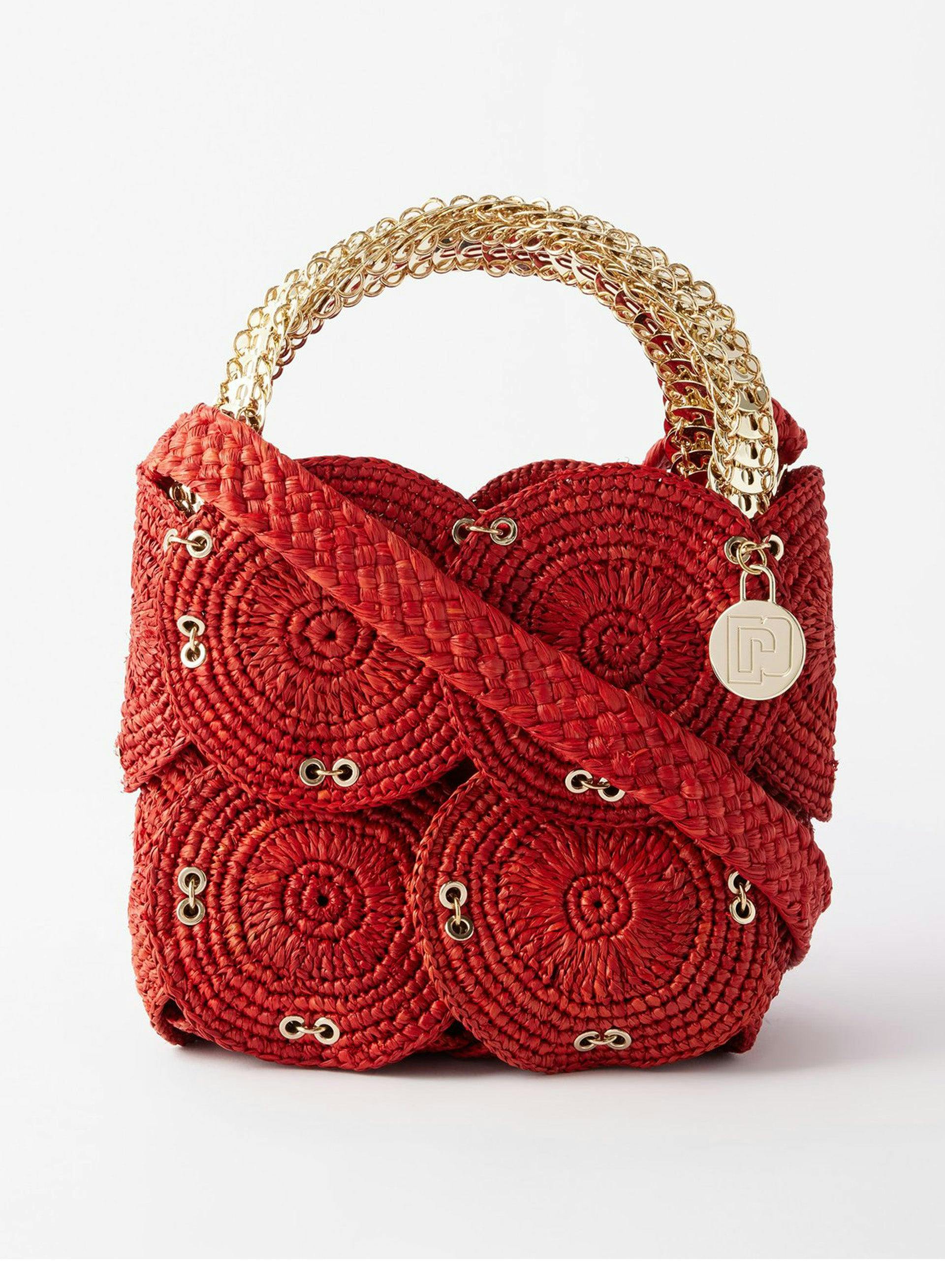 Eyelet raffia and chainmail bucket bag