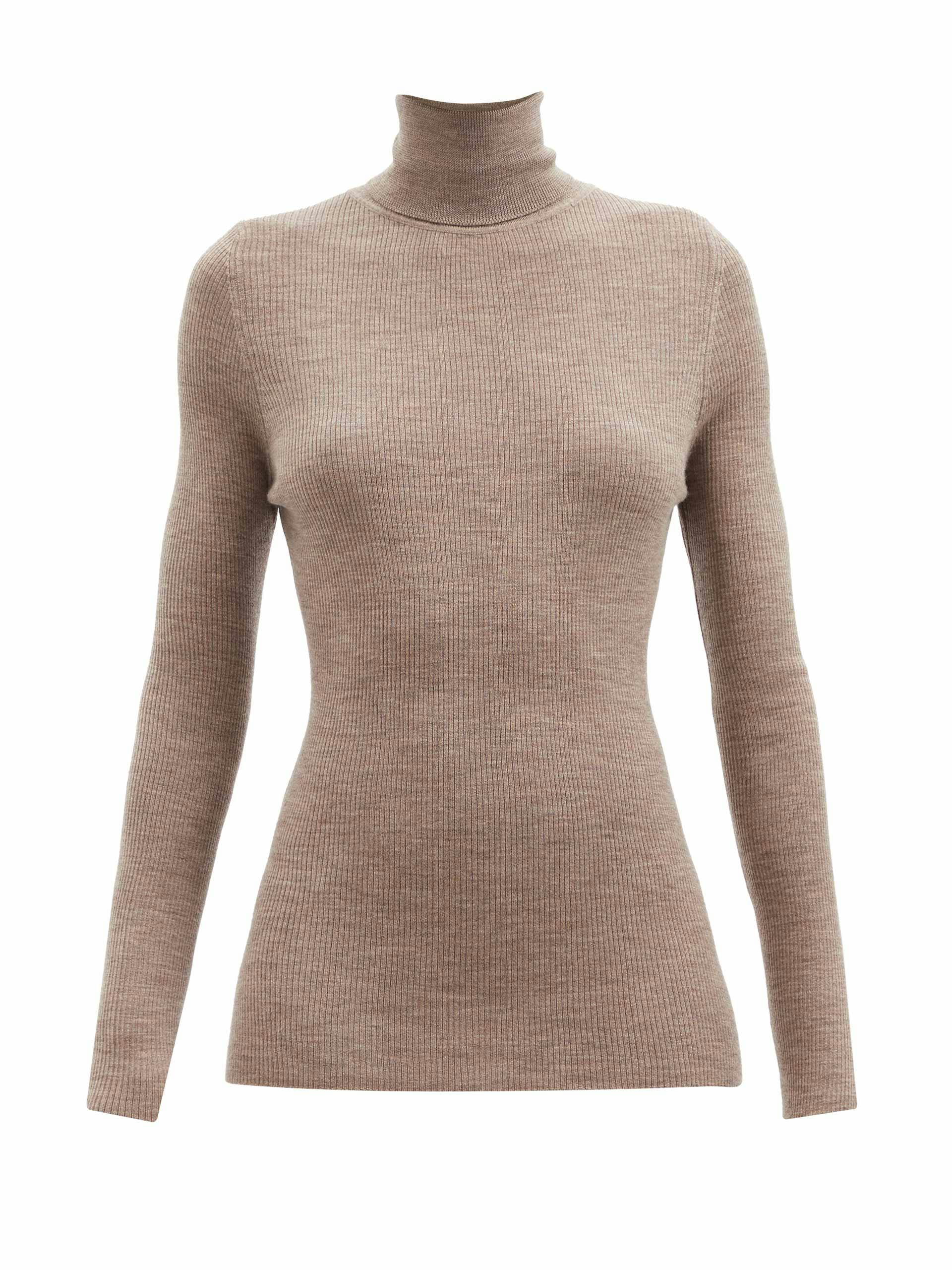 Brown roll-neck fine-rib merino-wool sweater