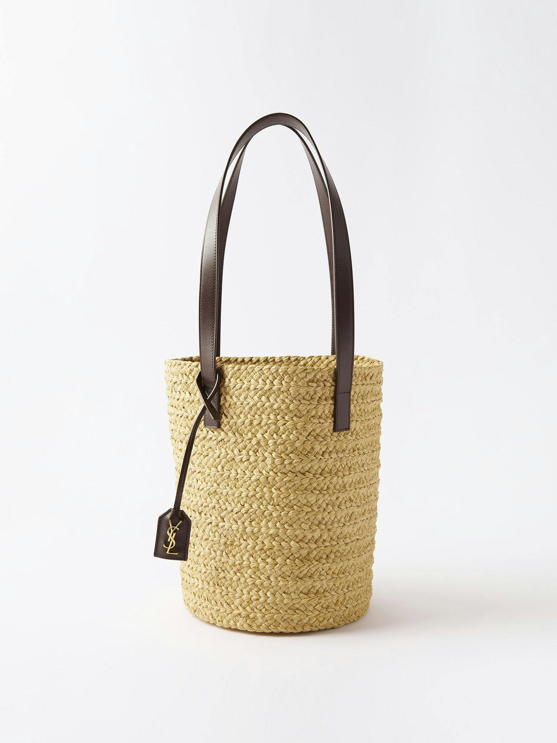 Beige leather-trim raffia basket bag