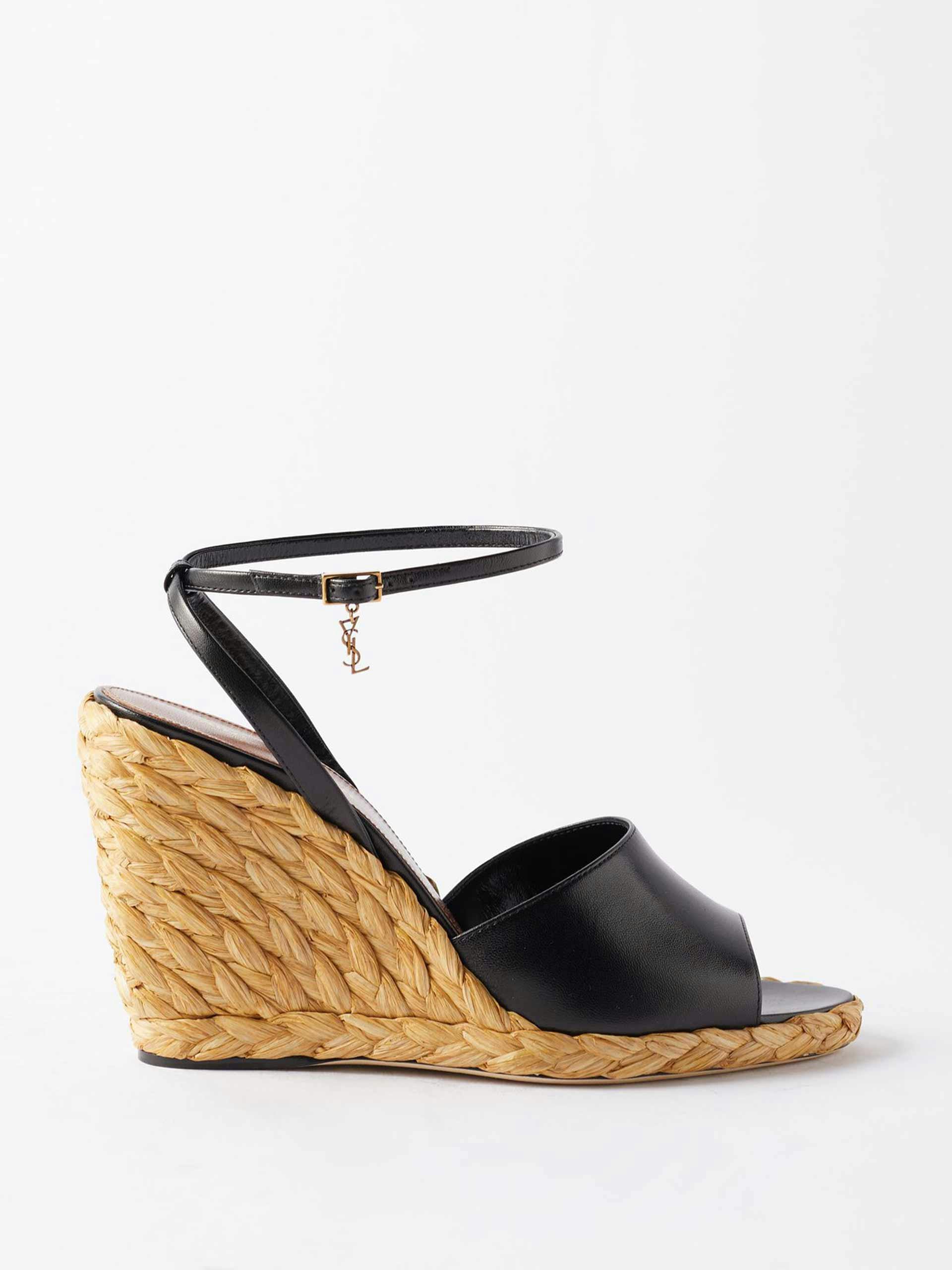 Black leather and jute wedges