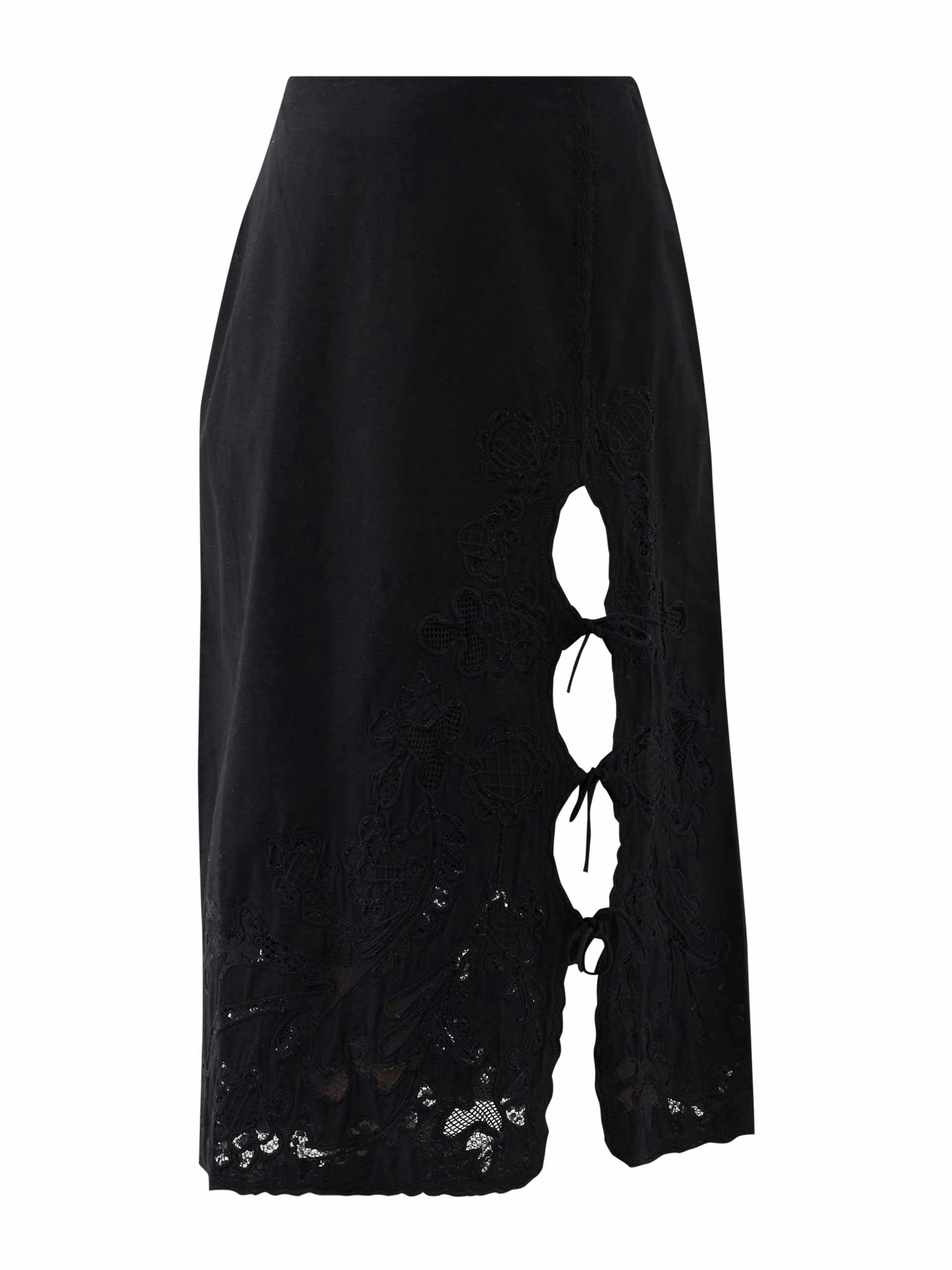 Black tie-front embroidered midi skirt