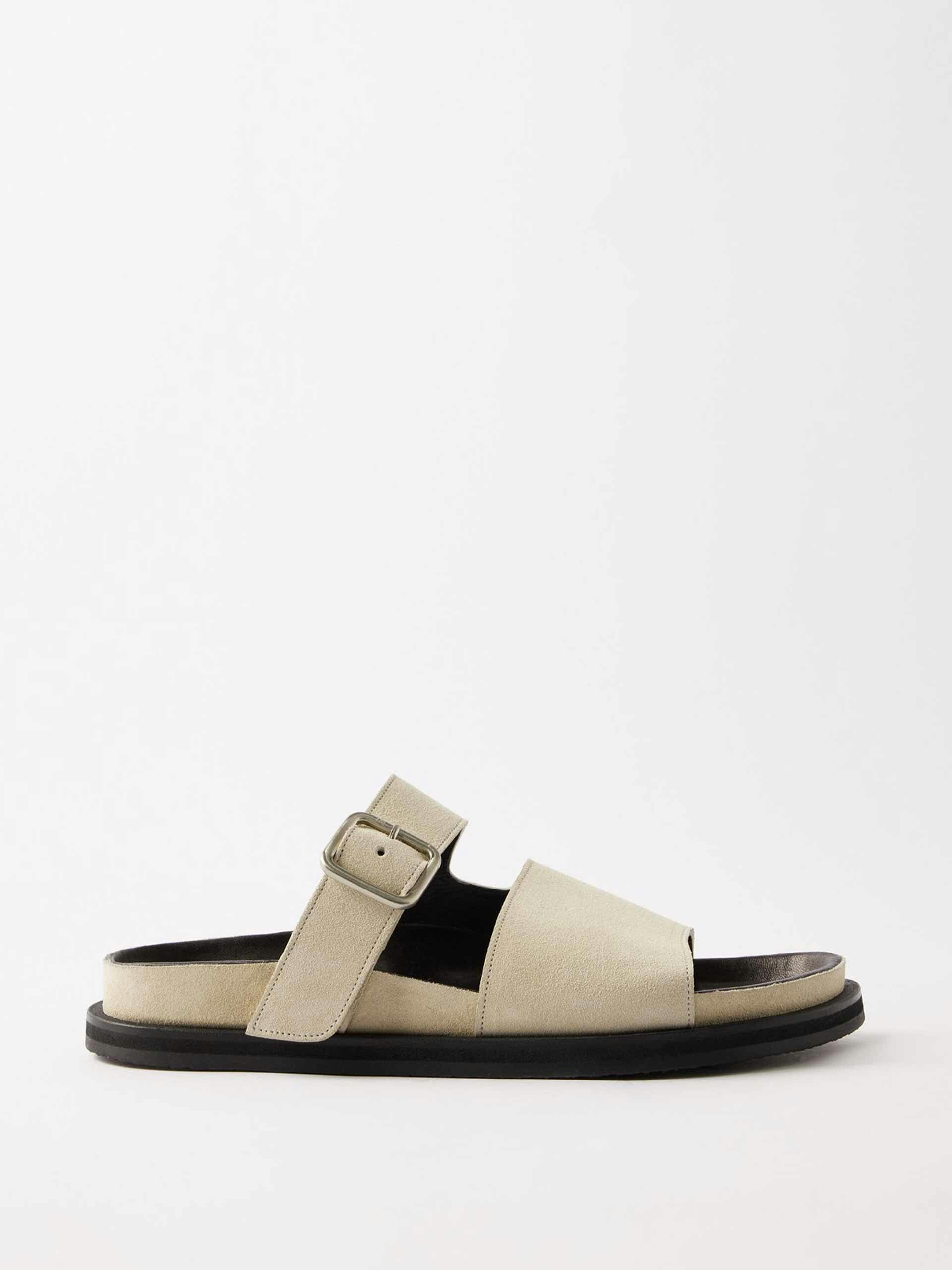 Beige buckle-strap split suede sandals