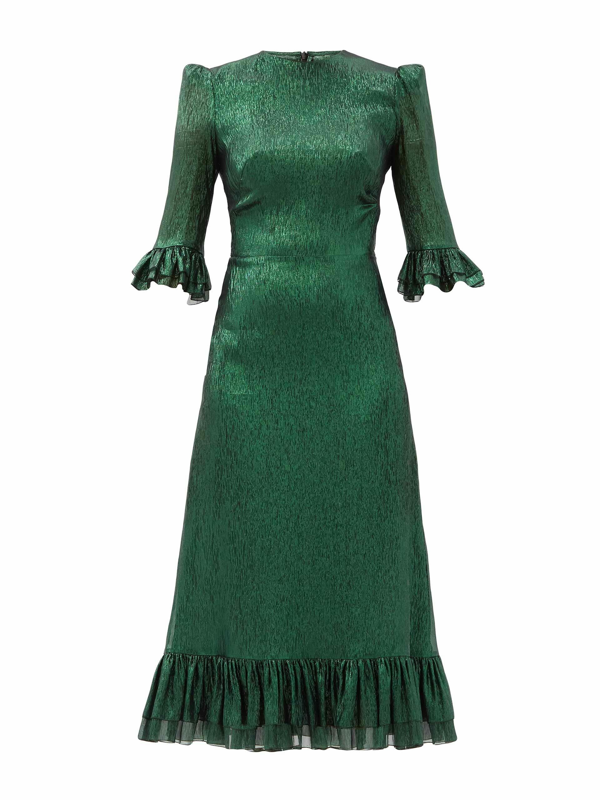 Green ruffled metallic silk-blend dress