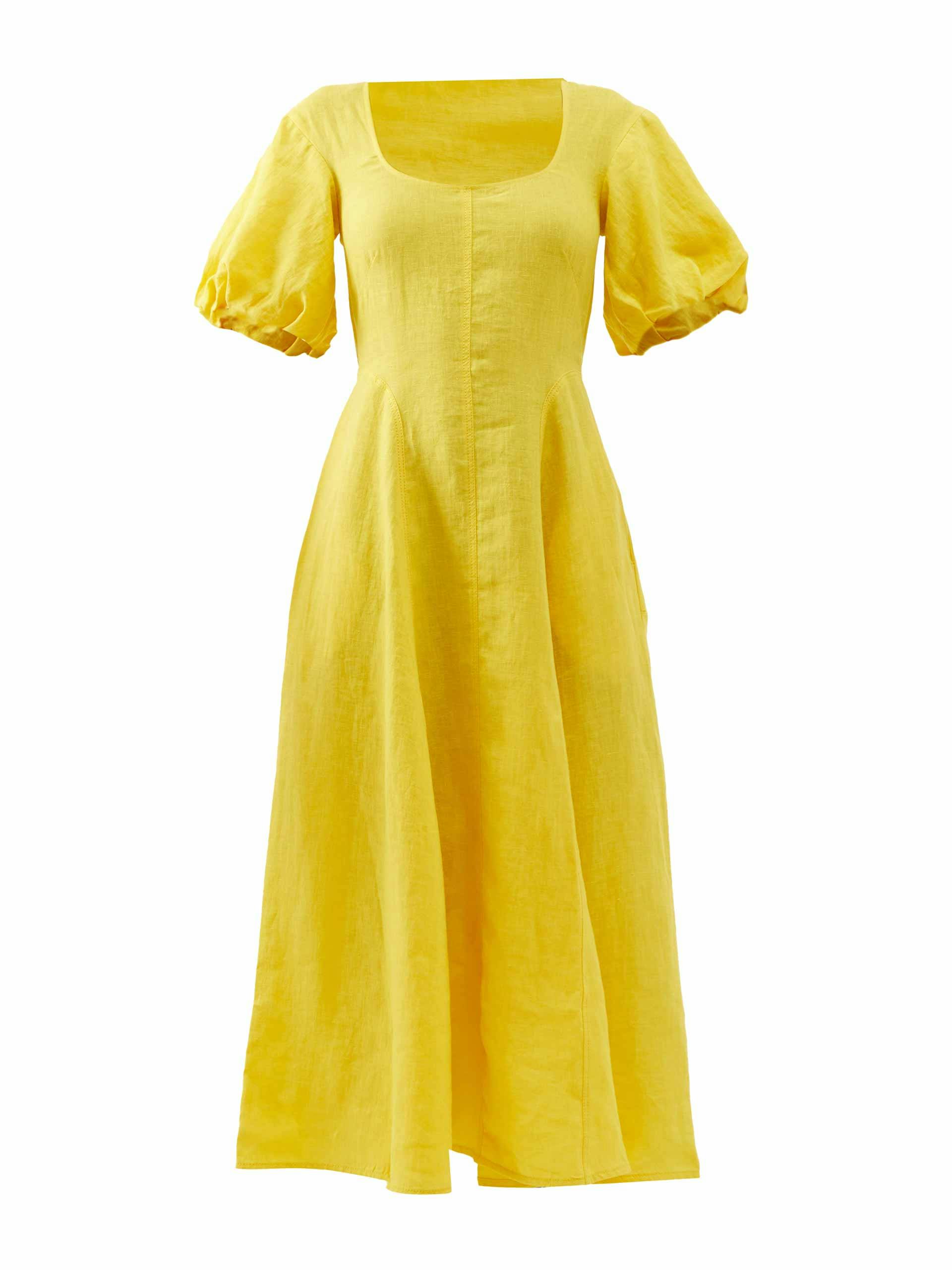 Yellow scoop neck linen midi dress