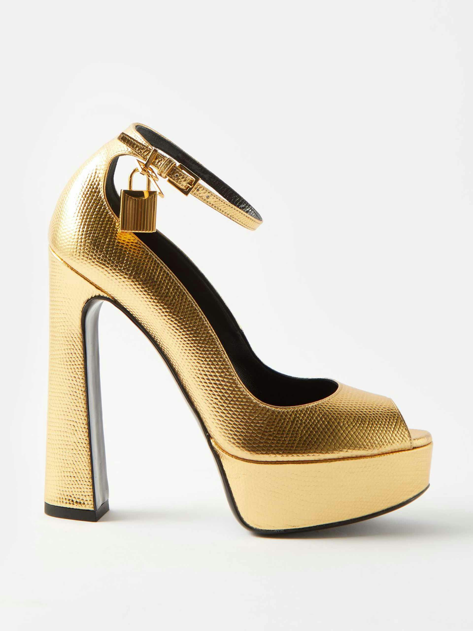 Gold padlock lizard-effect leather sandals