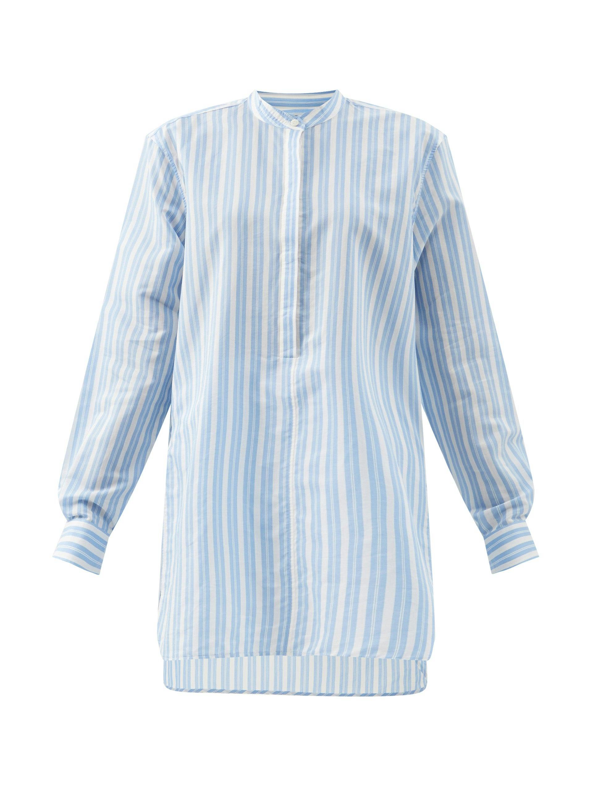 Blue collarless longline cotton-blend poplin shirt