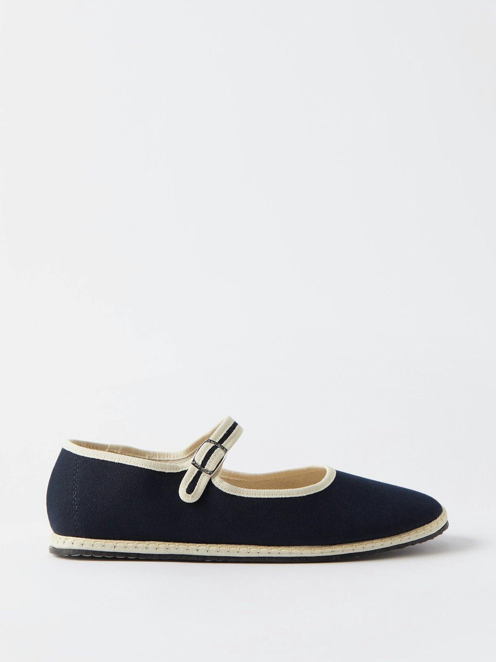 Blanket-stitched cotton-canvas Mary Jane flats