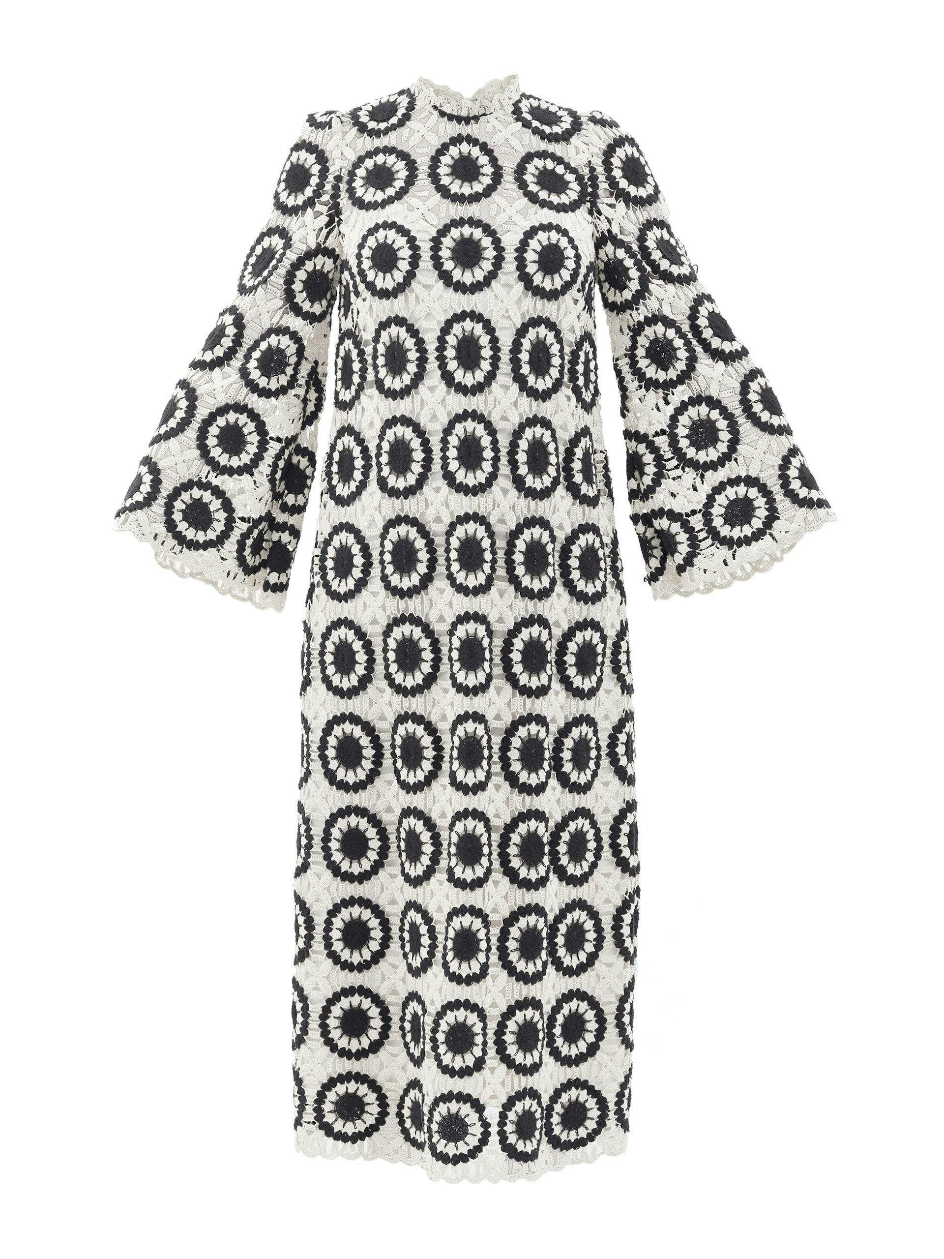 Cream and black wide-sleeve crocheted dress