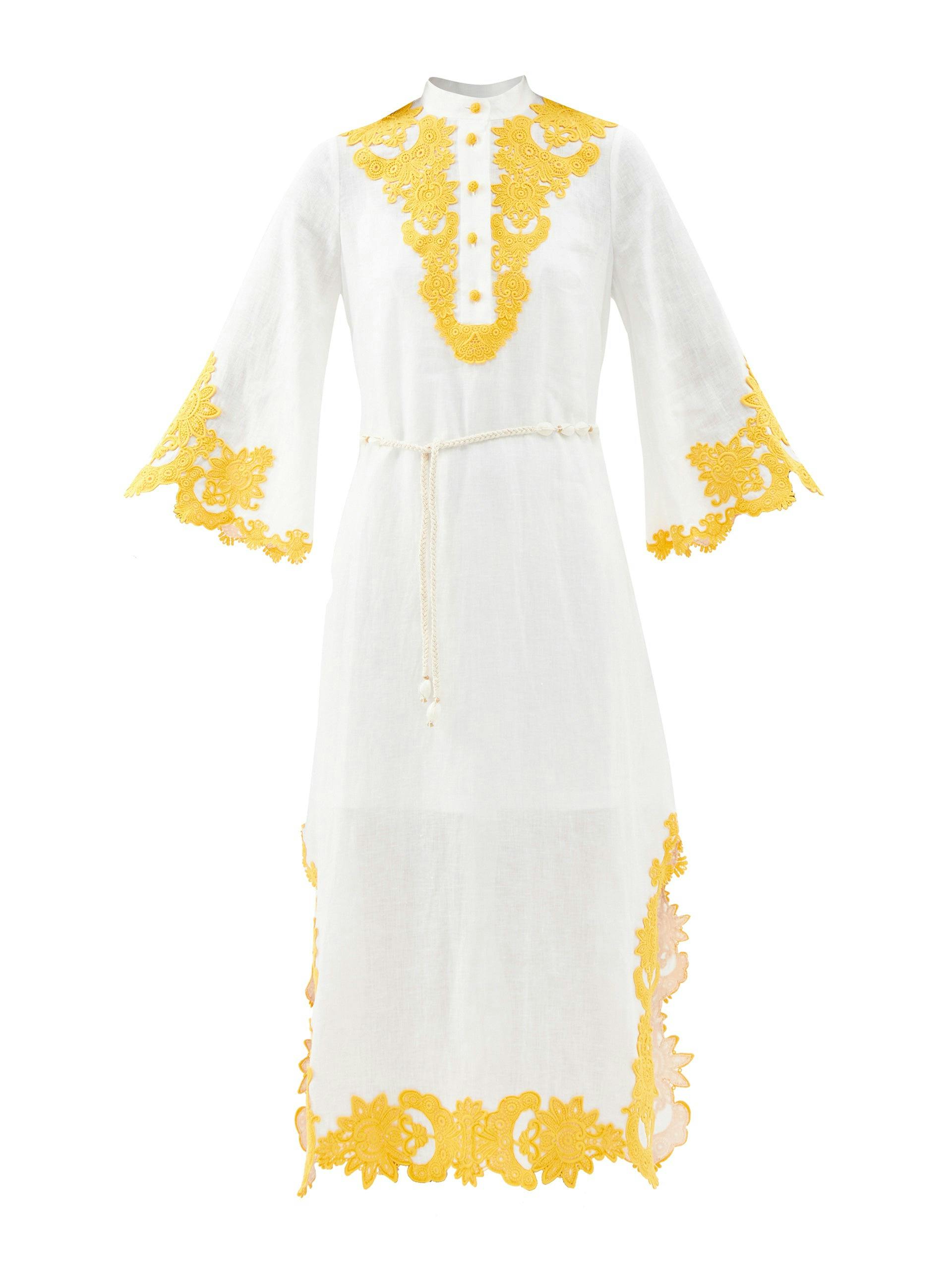 Yellow and white floral-embroidered linen dress