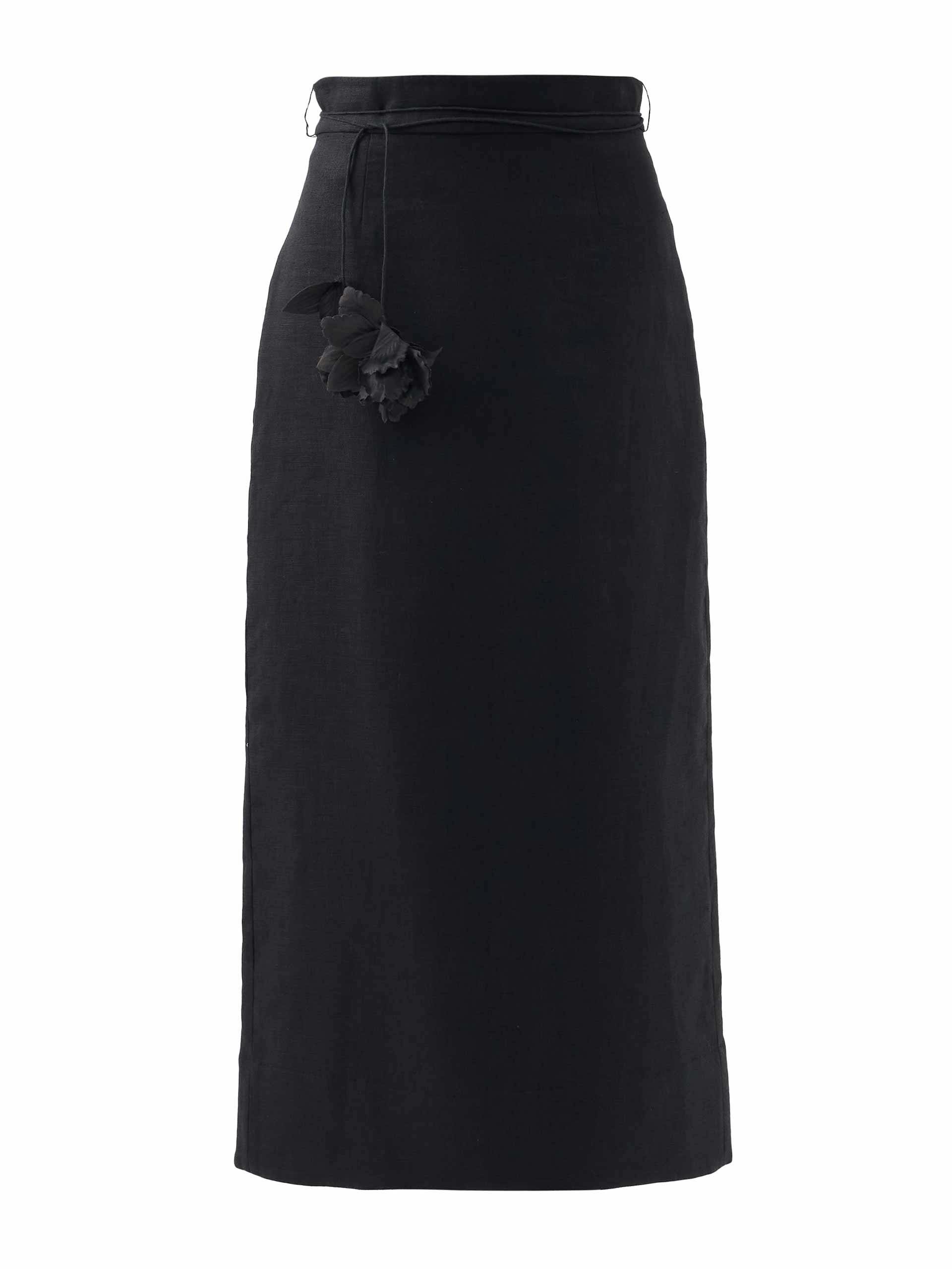 Floral-belt linen skirt