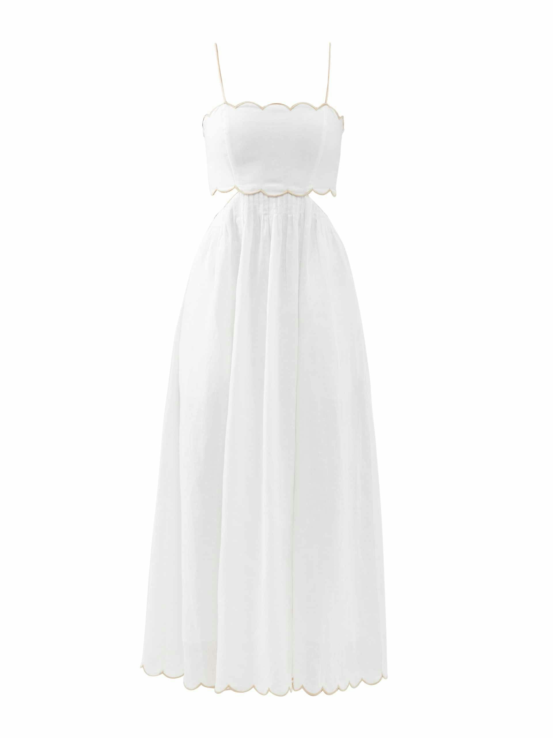 White scallop-edge linen midi dress