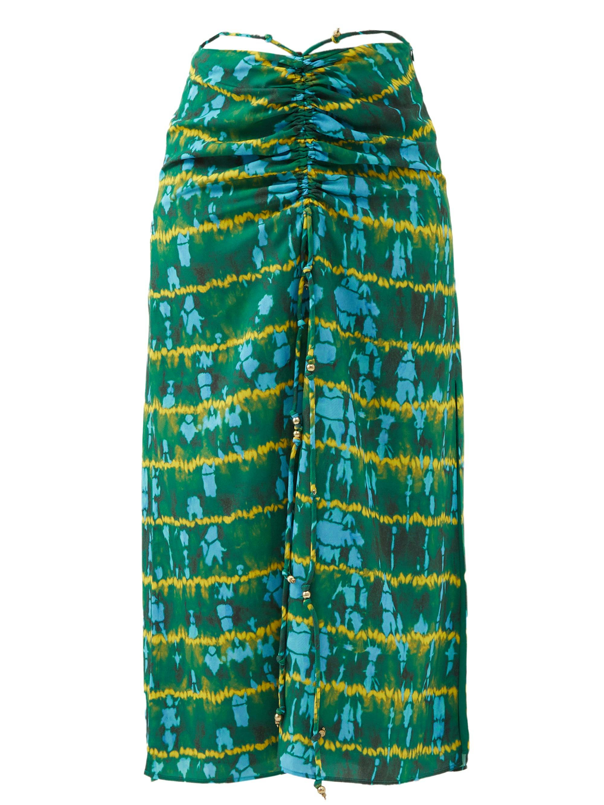 Green ruched shibori-print jersey skirt