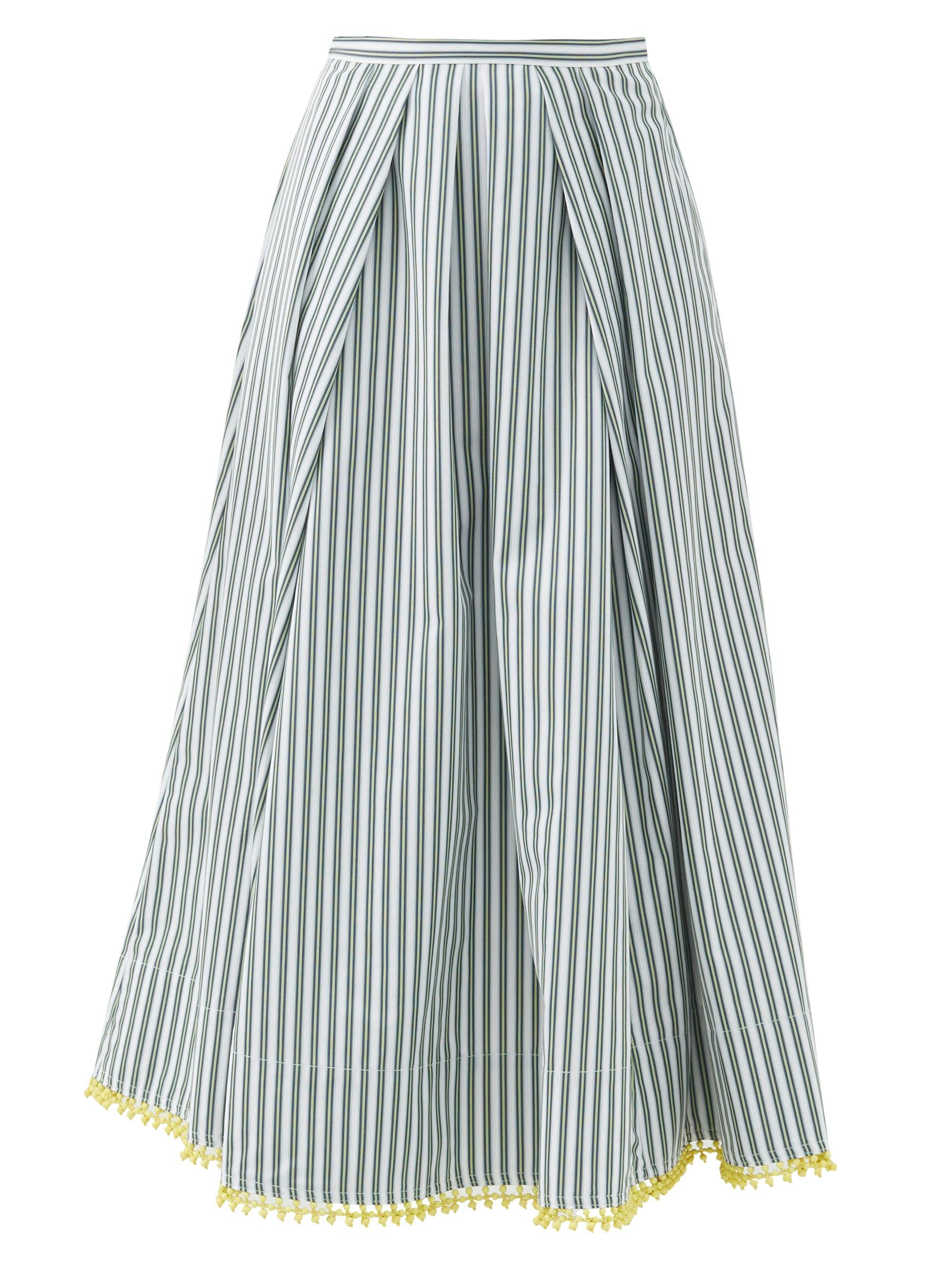 Green beaded-hem striped cotton midi skirt
