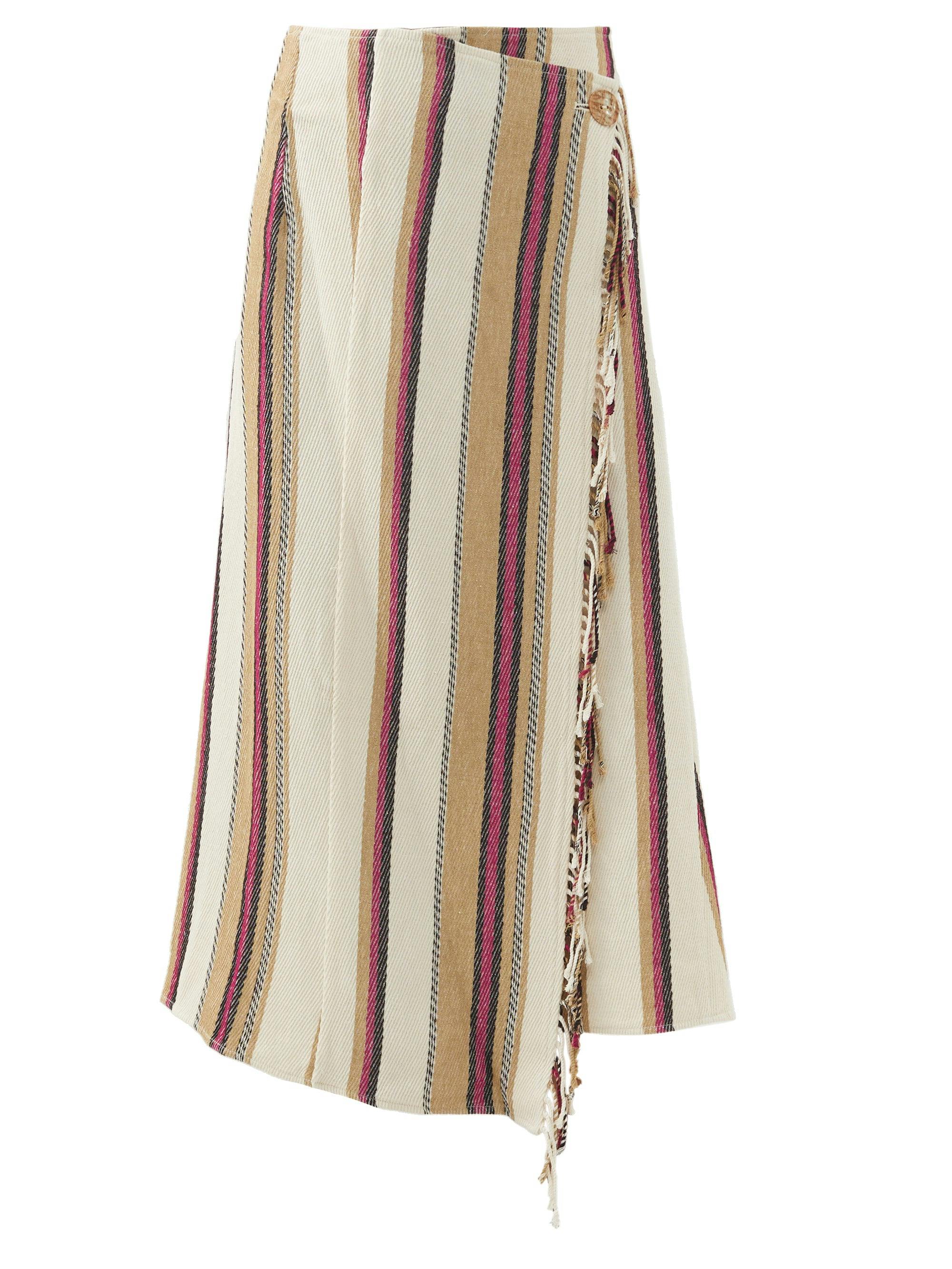 Striped linen-twill asymmetric midi skirt