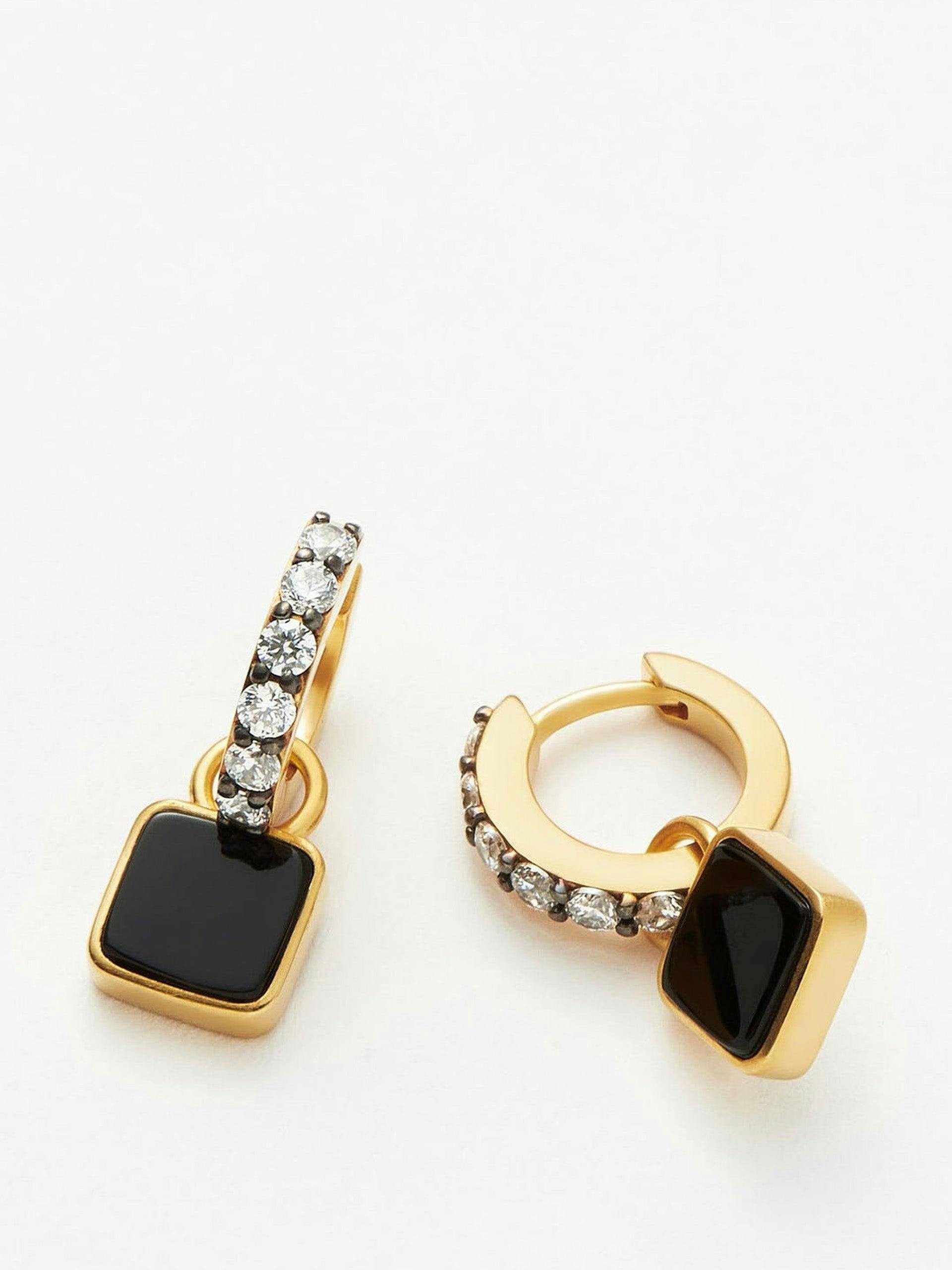 Square black onyx charm mini hoop earrings
