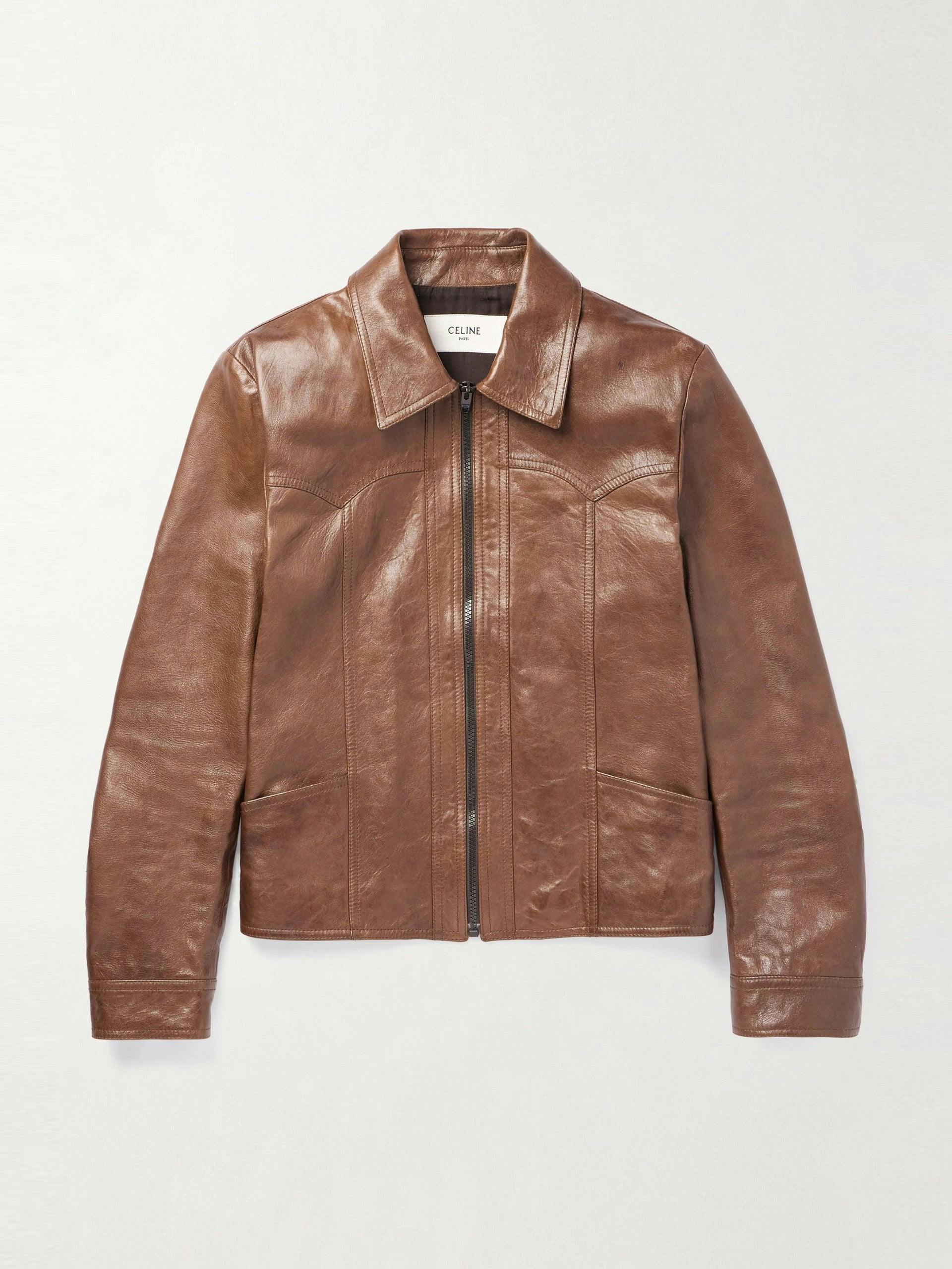 Brown slim-fit leather jacket