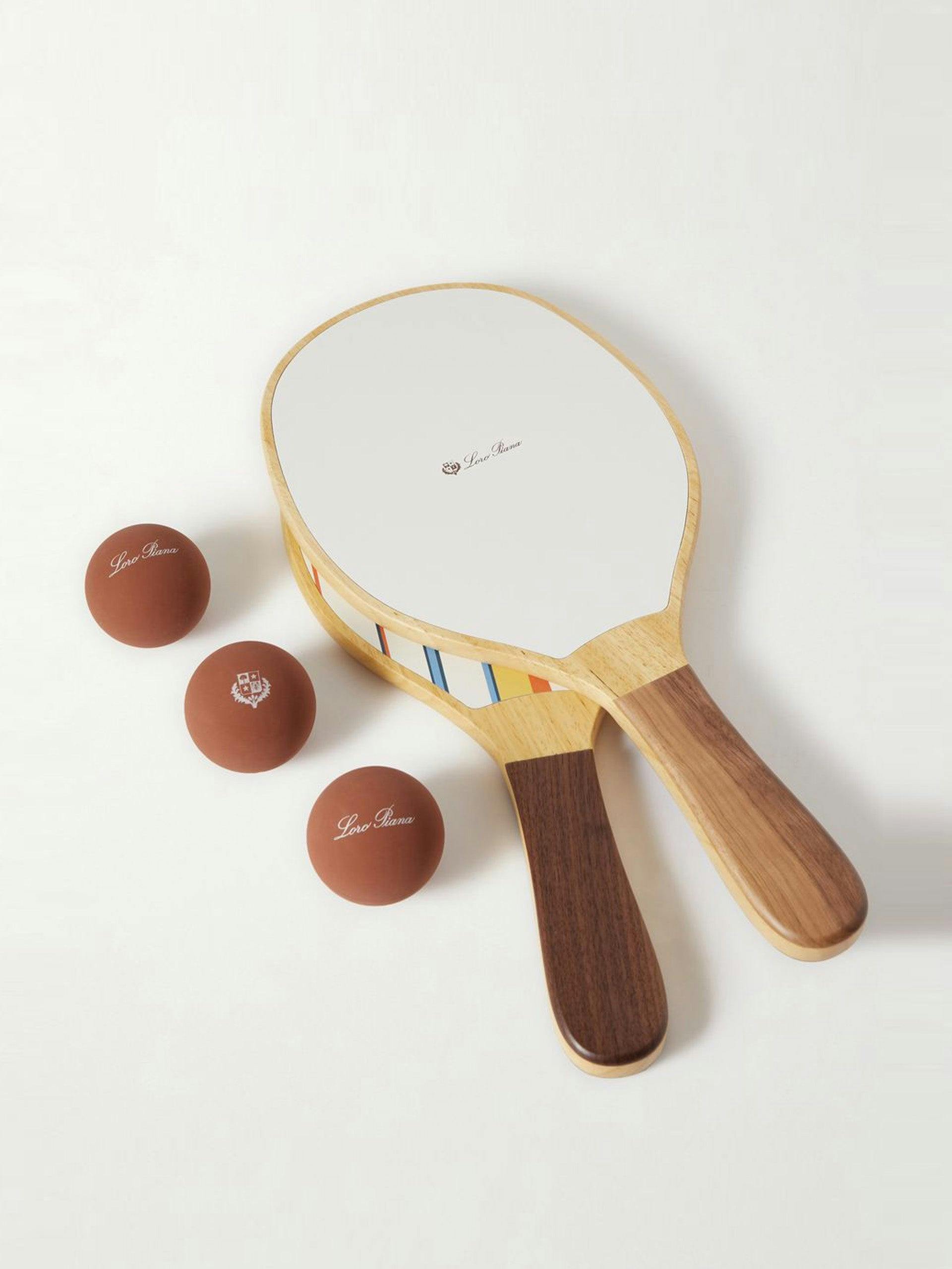 Logo-print leather-trimmed wooden beach bat and ball set