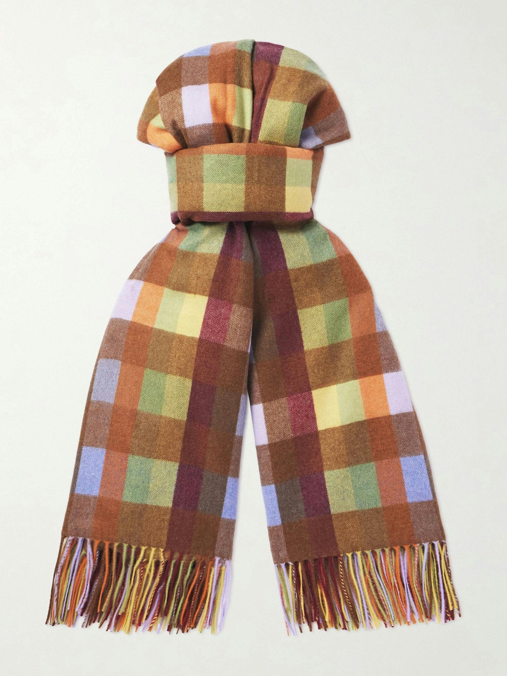 Fringed checked cashmere scarf