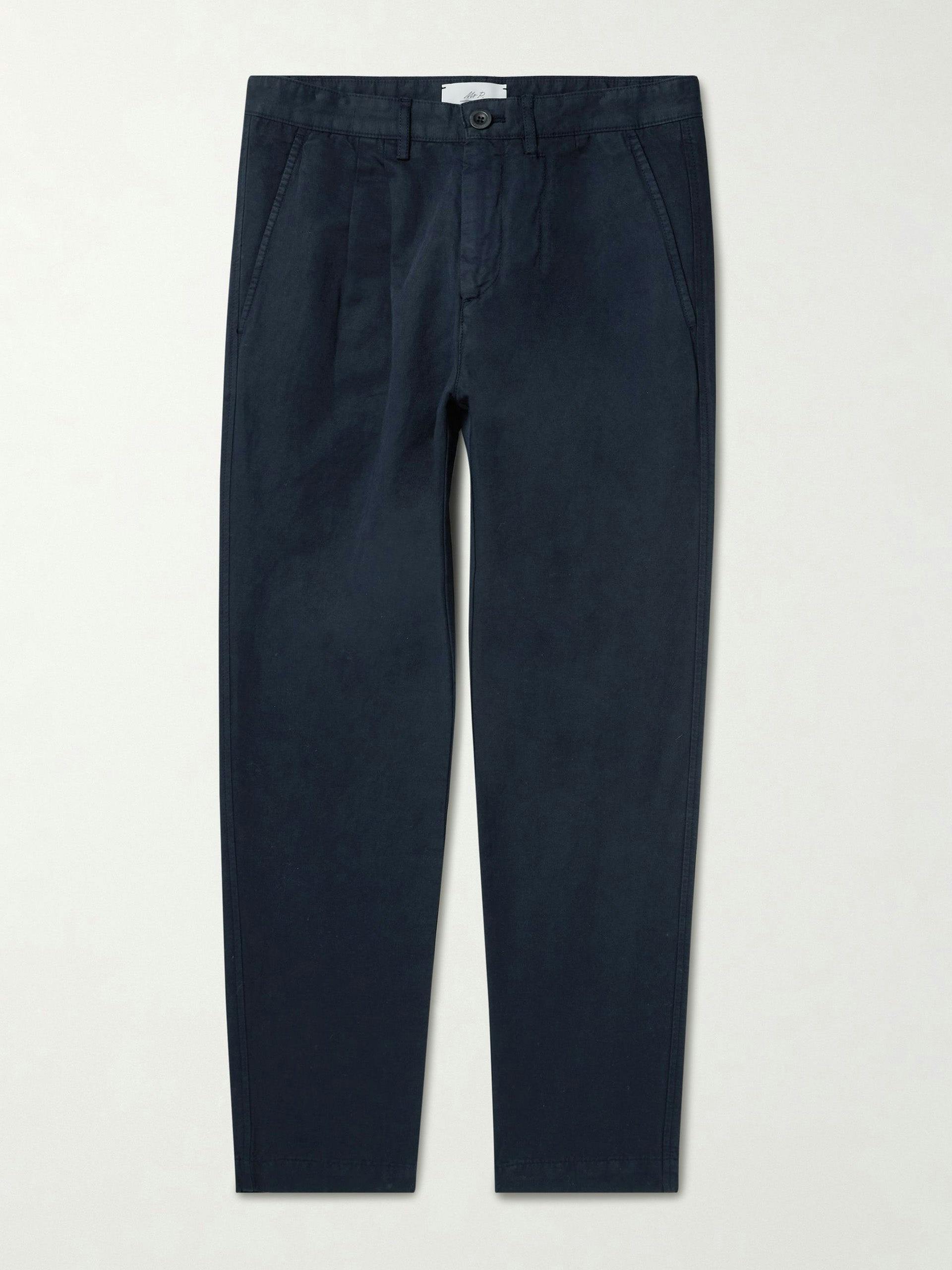 Navy pleated cotton and linen-blend trousers