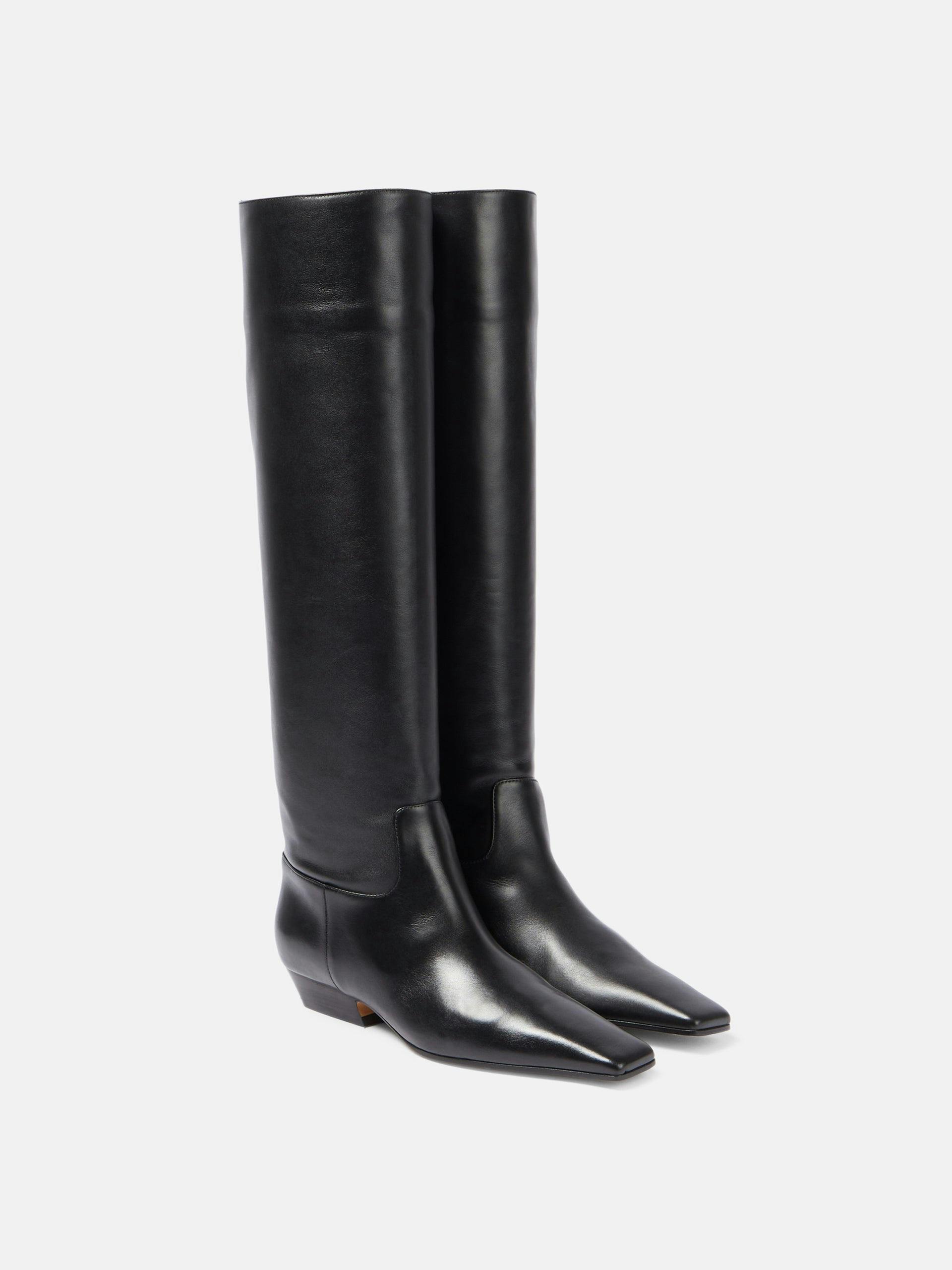 Black leather knee-high square-toe boots