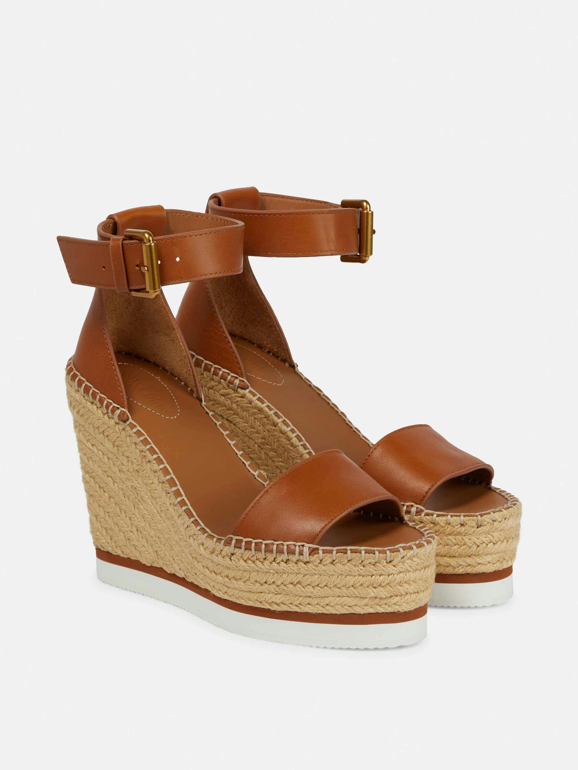 Brown leather espadrille wedges