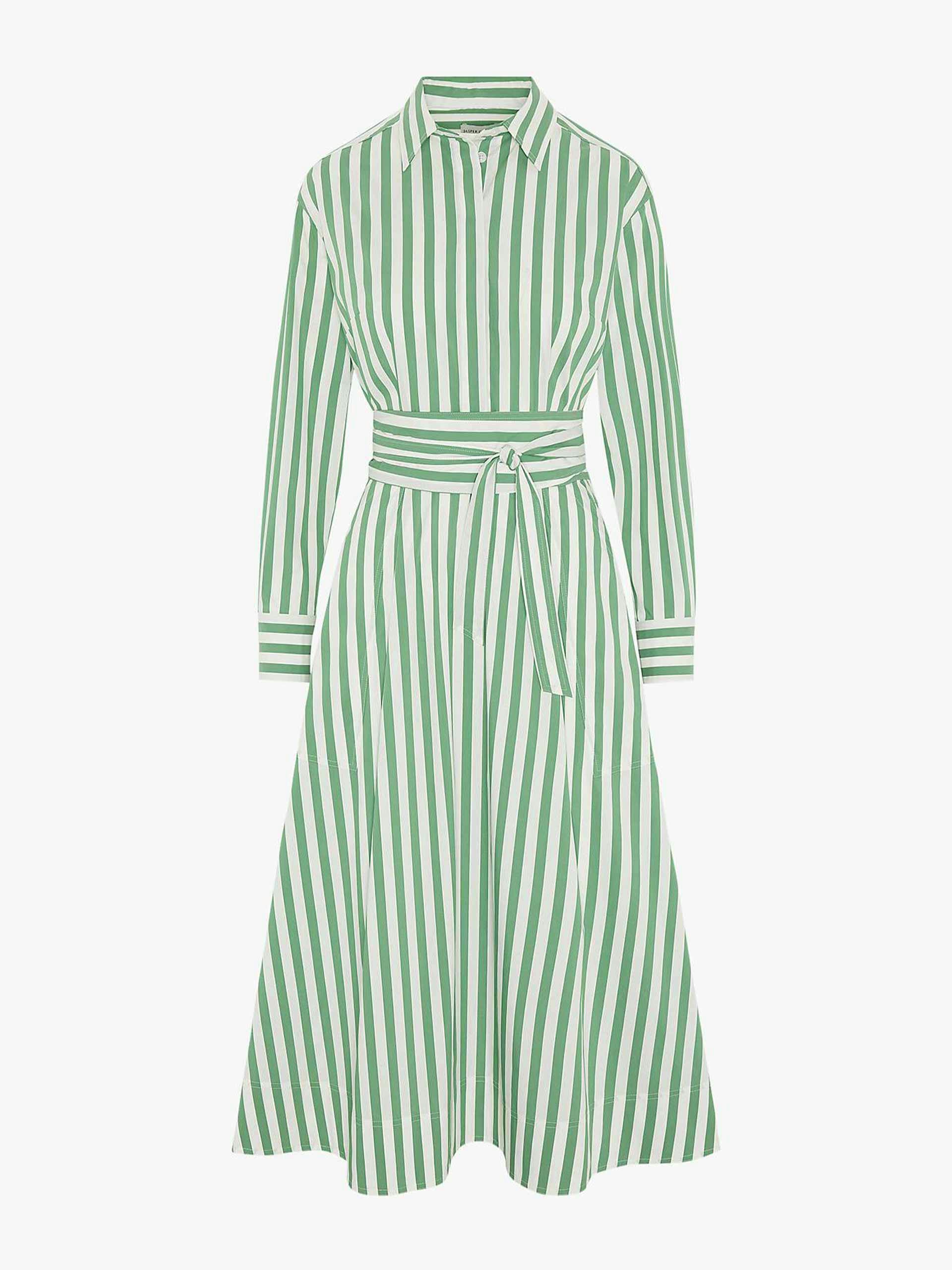 Full skirt shirt midi dress in green stripe
