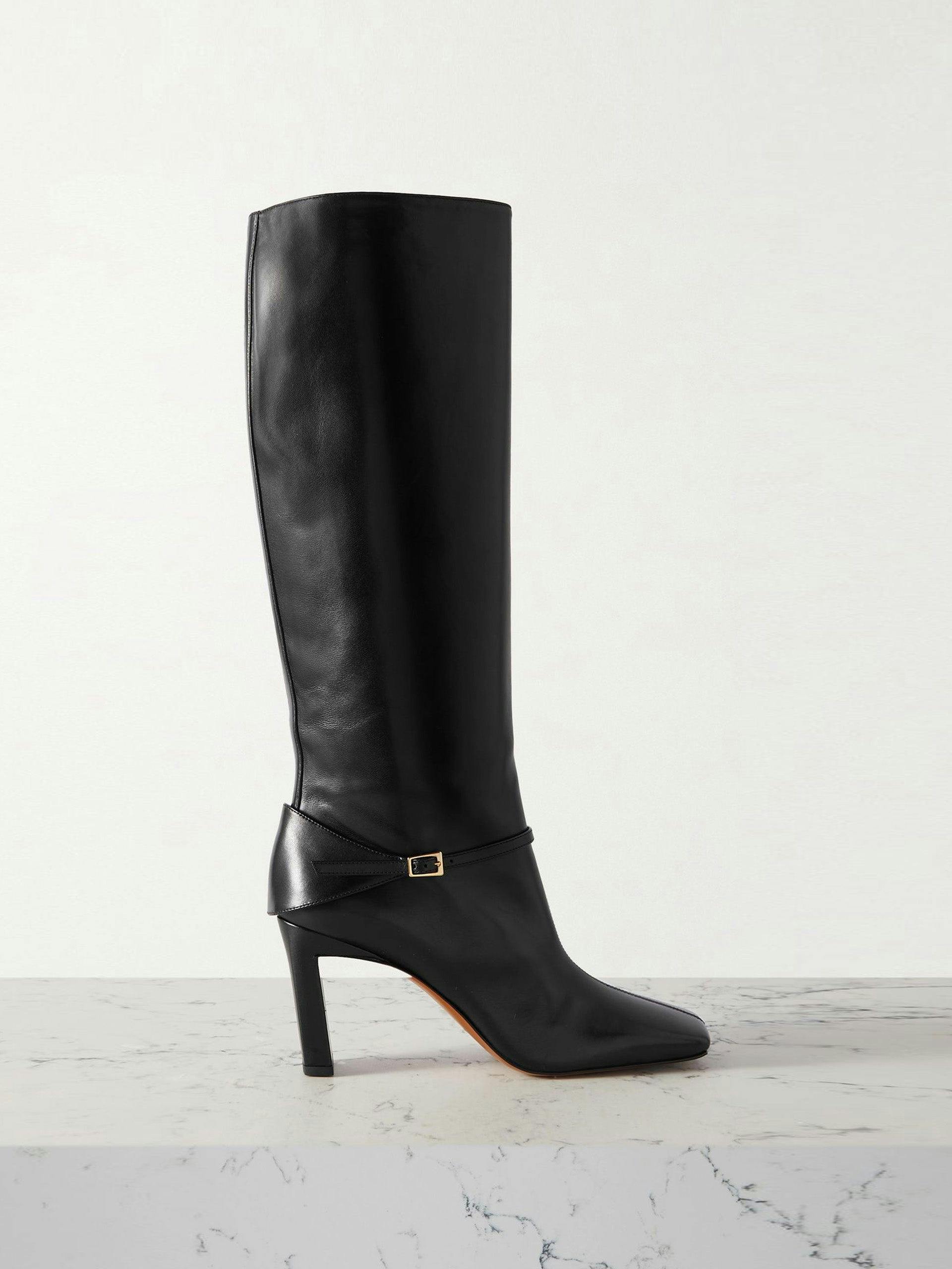Isa buckled glossed-leather knee boots