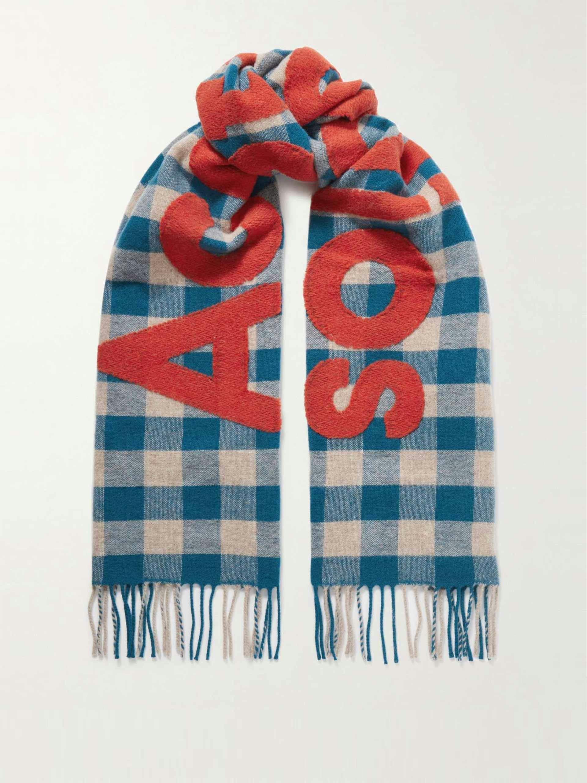 Appliquéd fringed checked wool-blend scarf