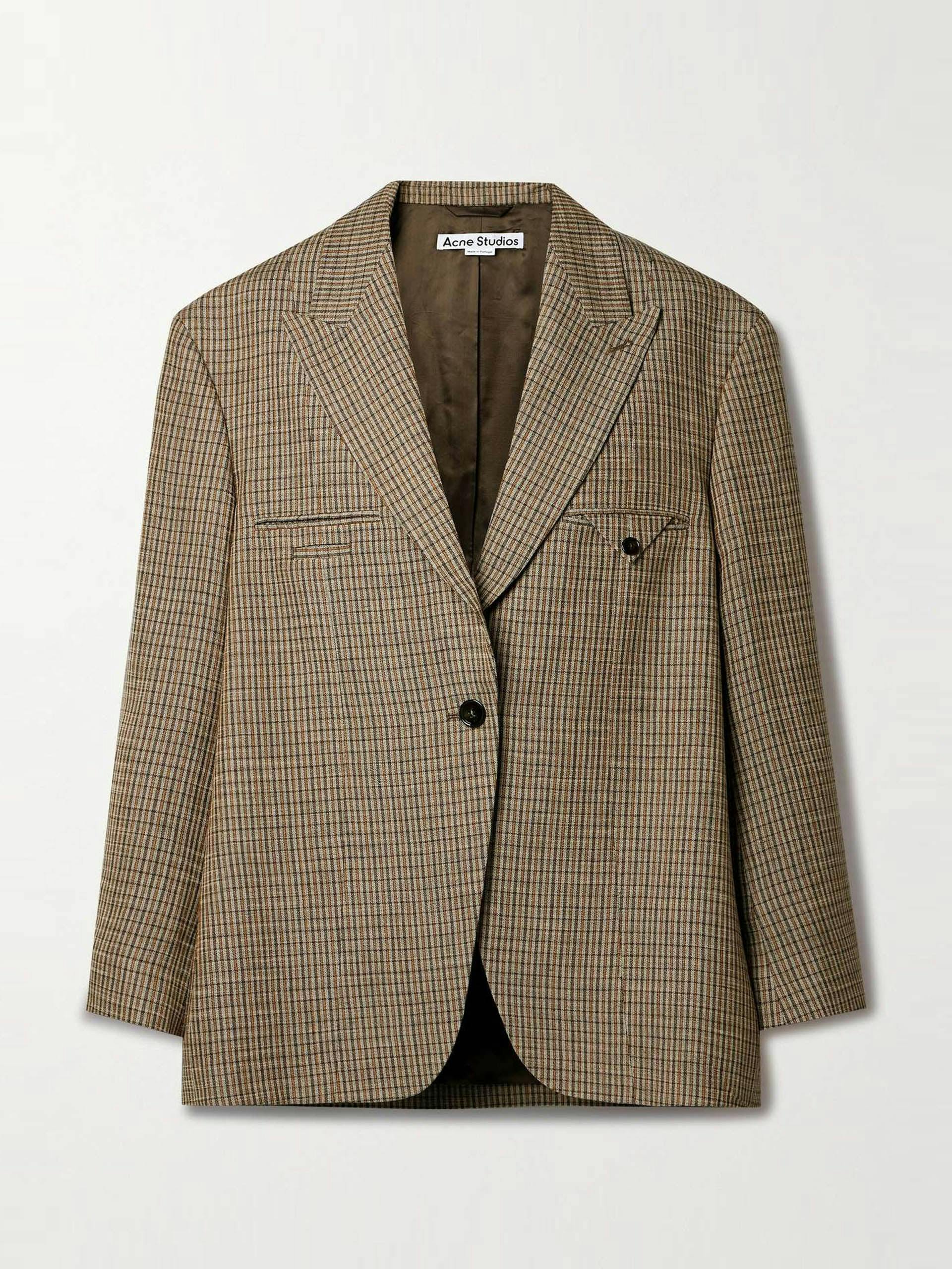 Checked linen-blend blazer