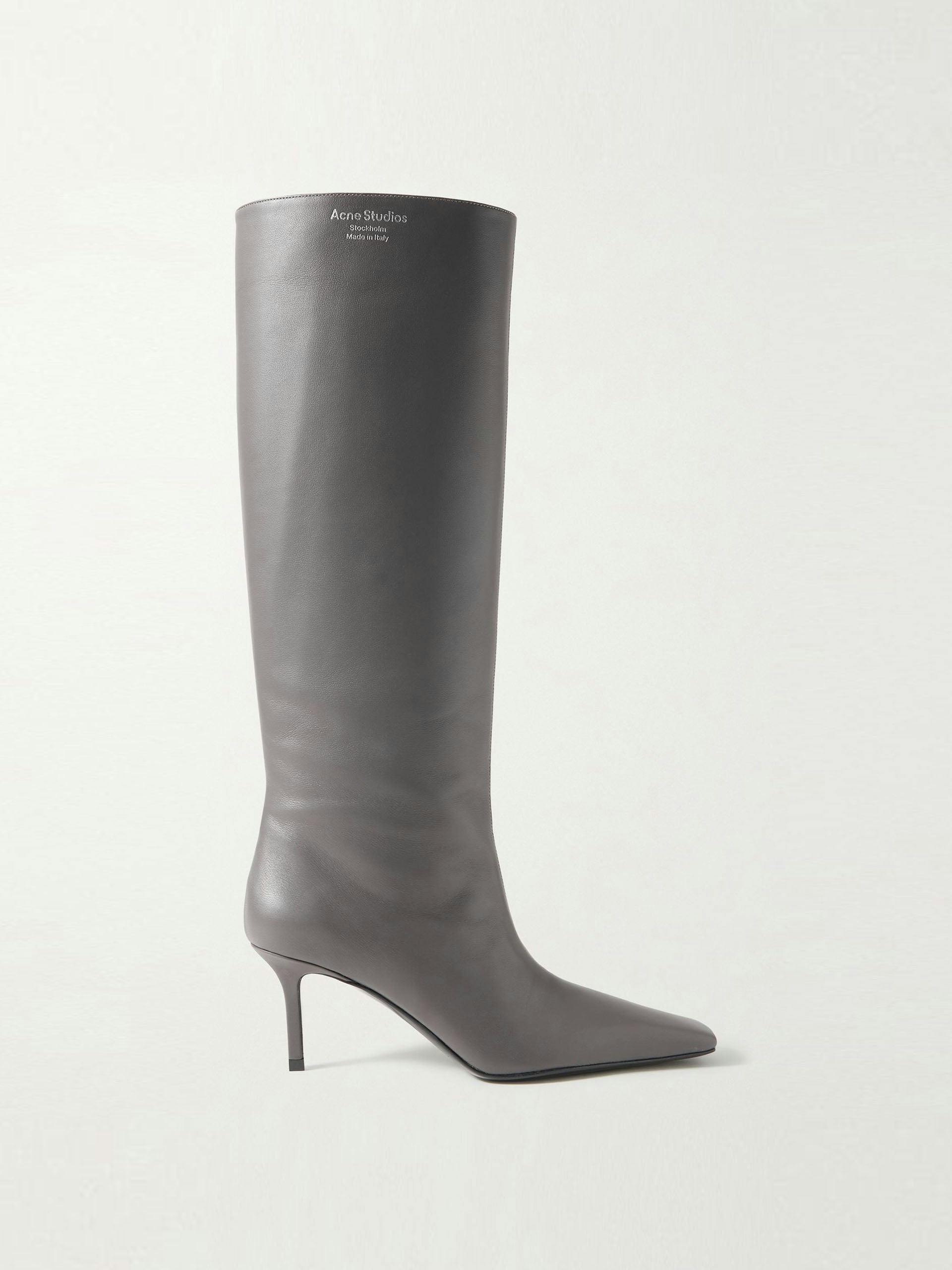 Grey leather knee-high boots