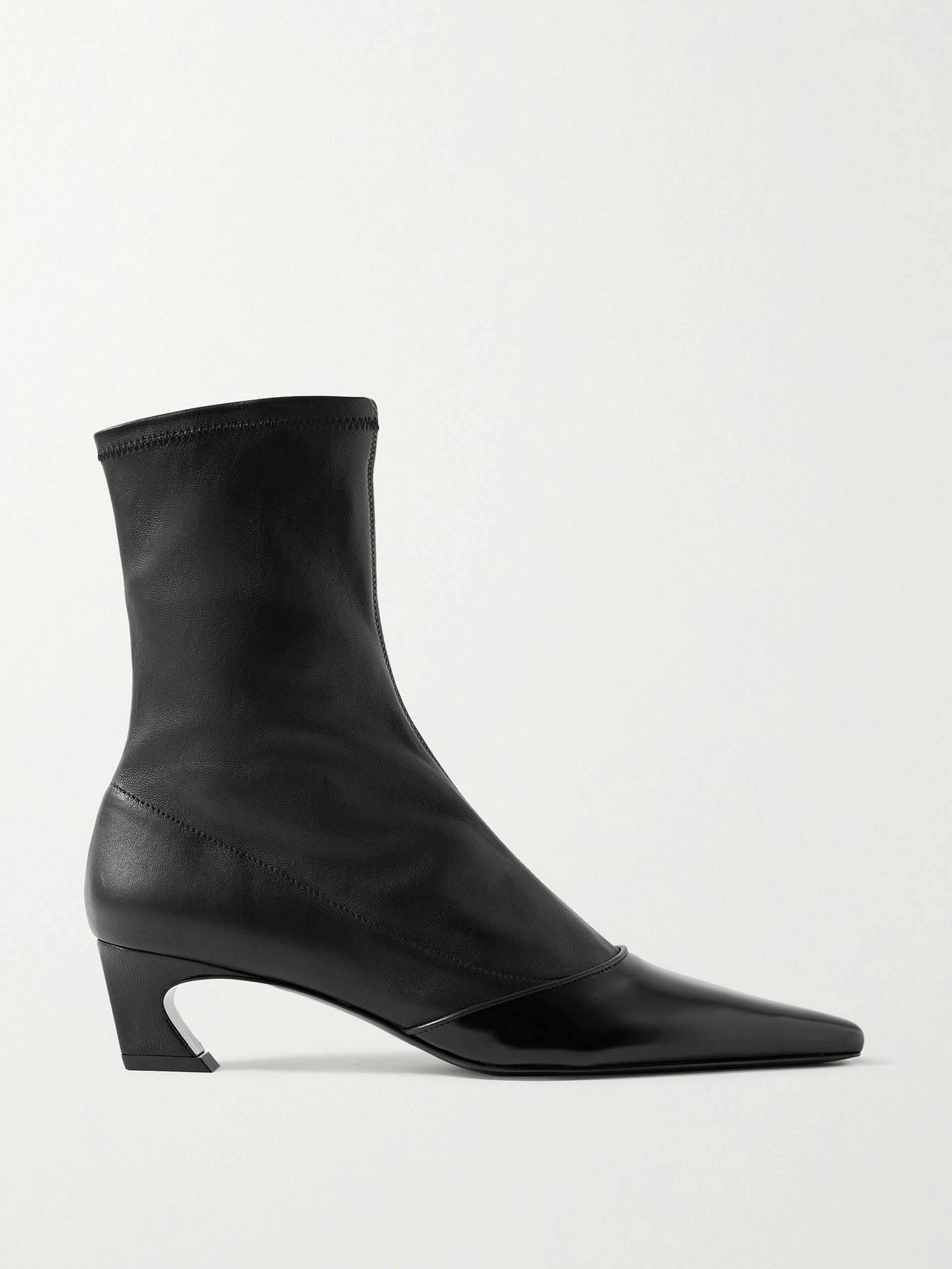 Black patent-trimmed leather ankle boots