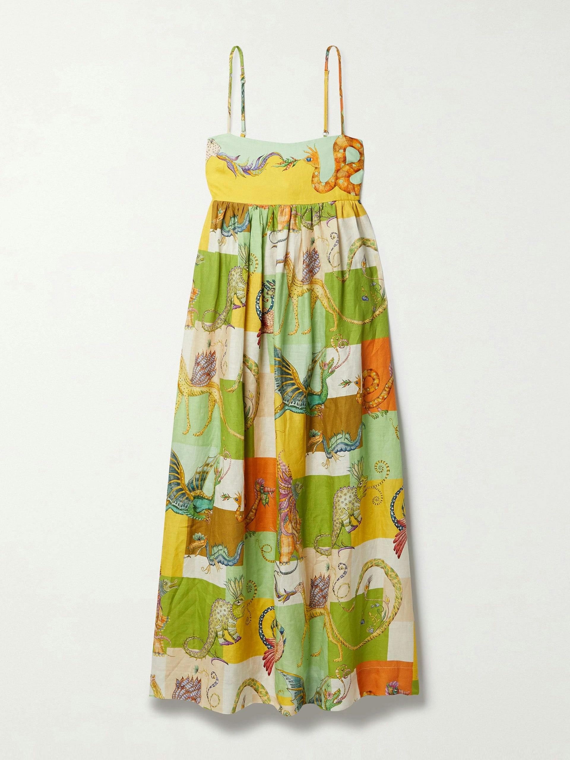 Multicolour cutout printed linen midi dress