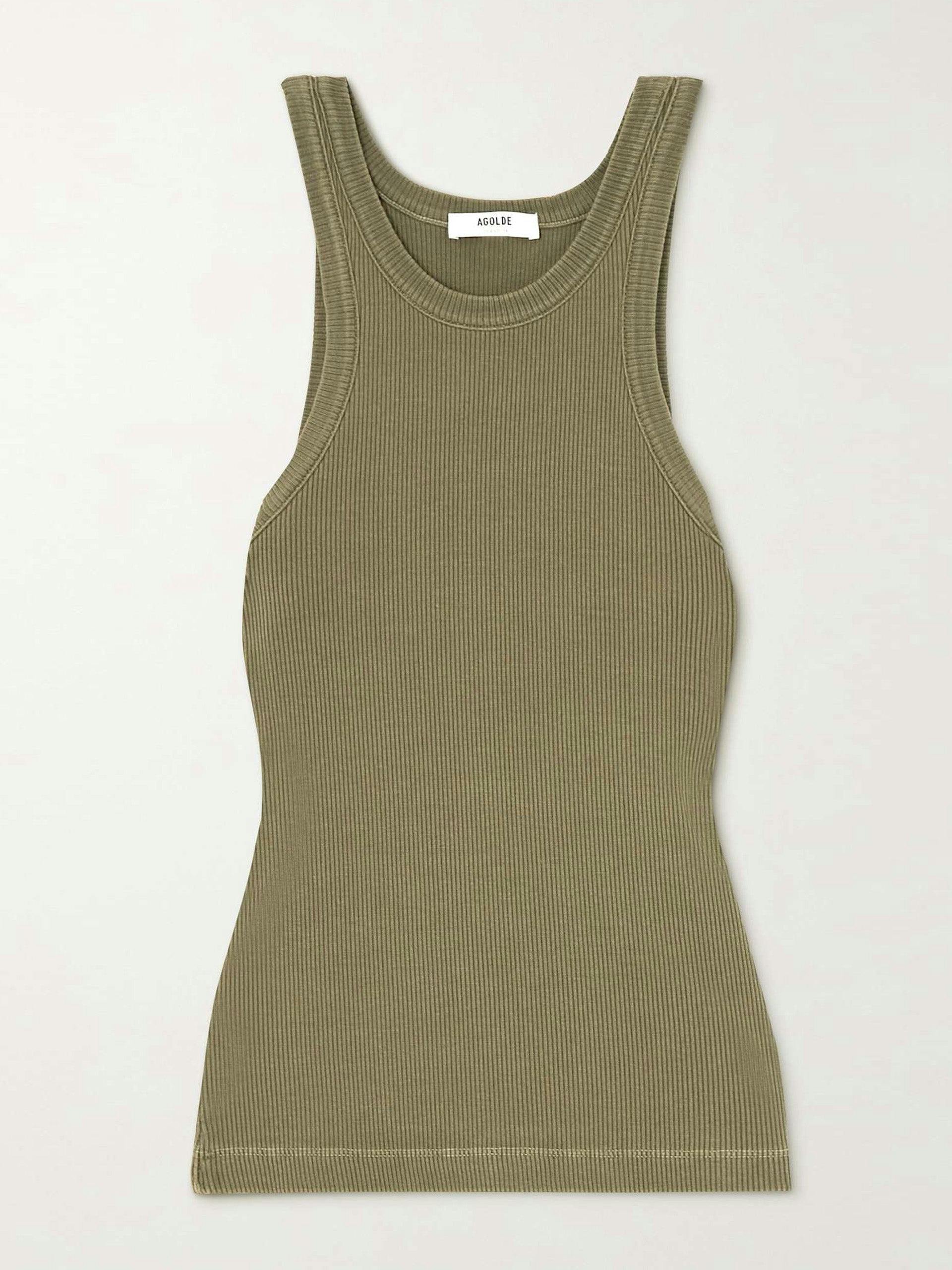 Green ribbed-knit organic cotton-blend tank top