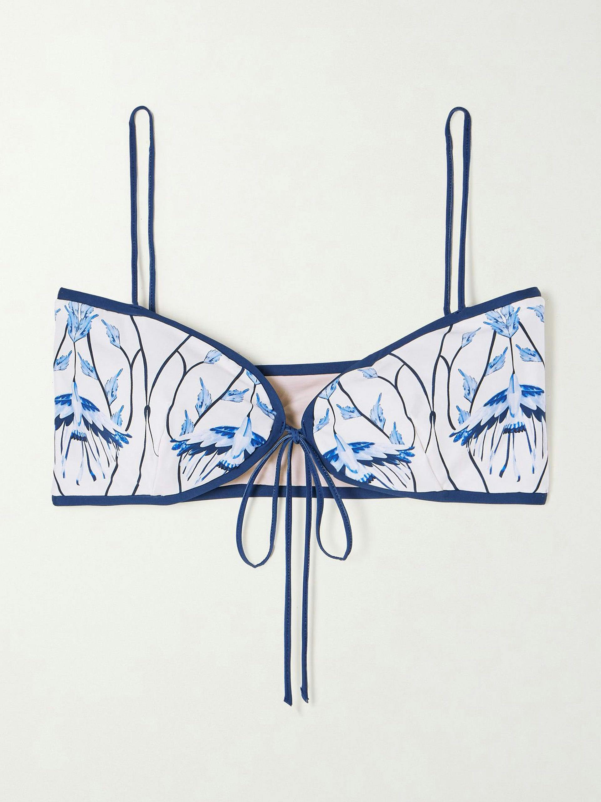 Blue and white printed recycled-fabric bikini top