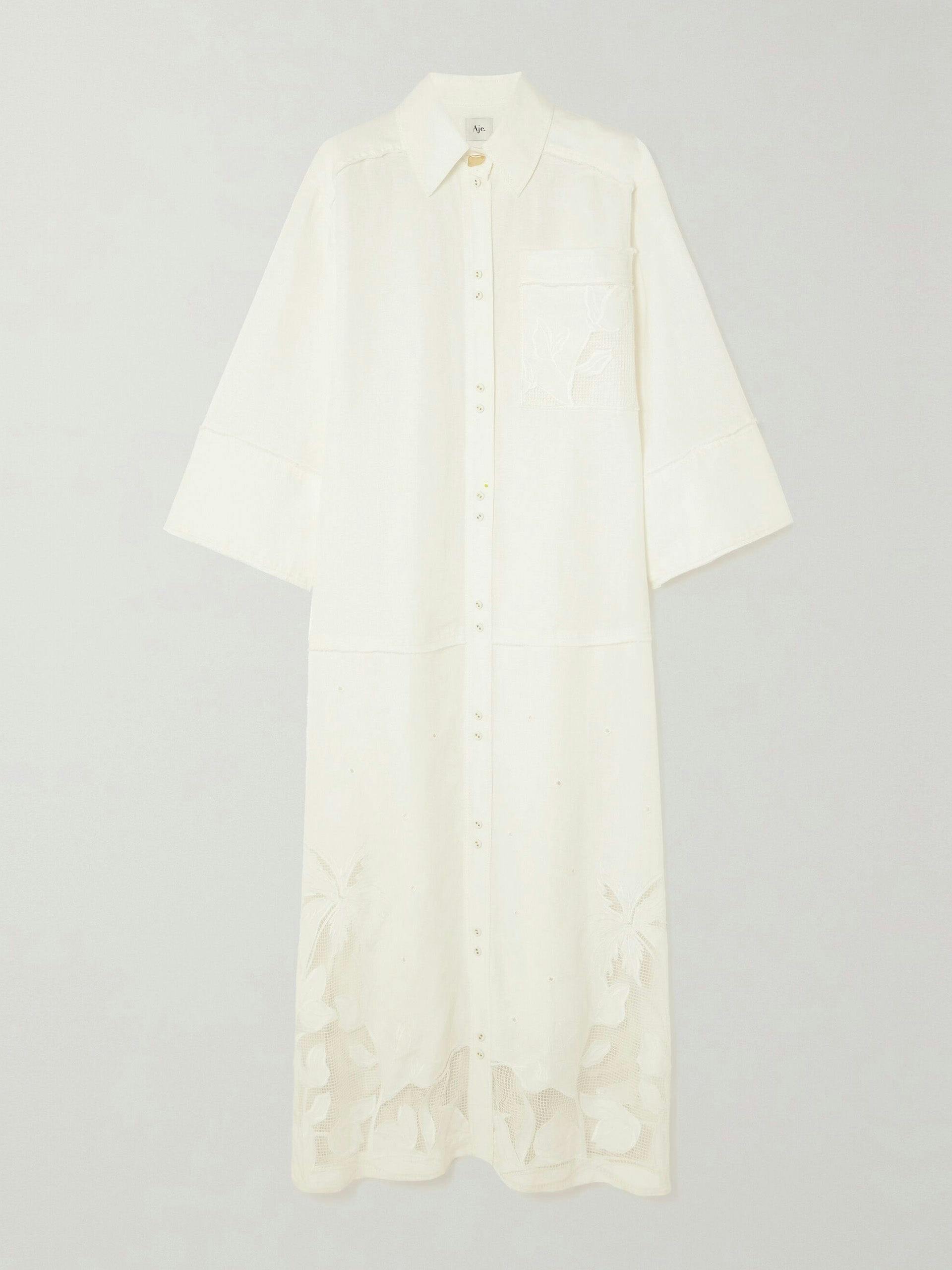 Agua appliquéd mesh-trimmed linen-blend midi shirt dress