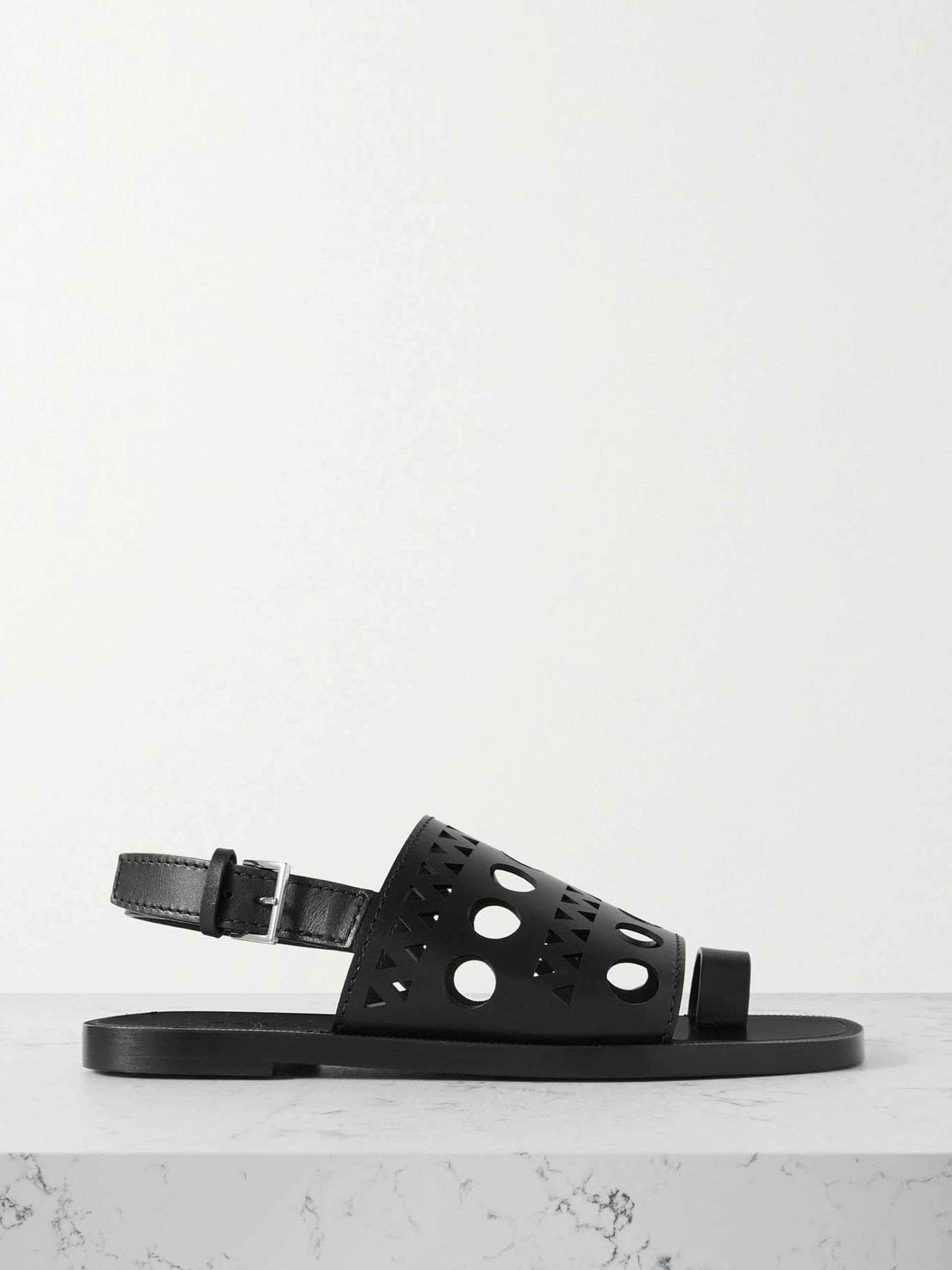 Black laser-cut leather slingback sandals