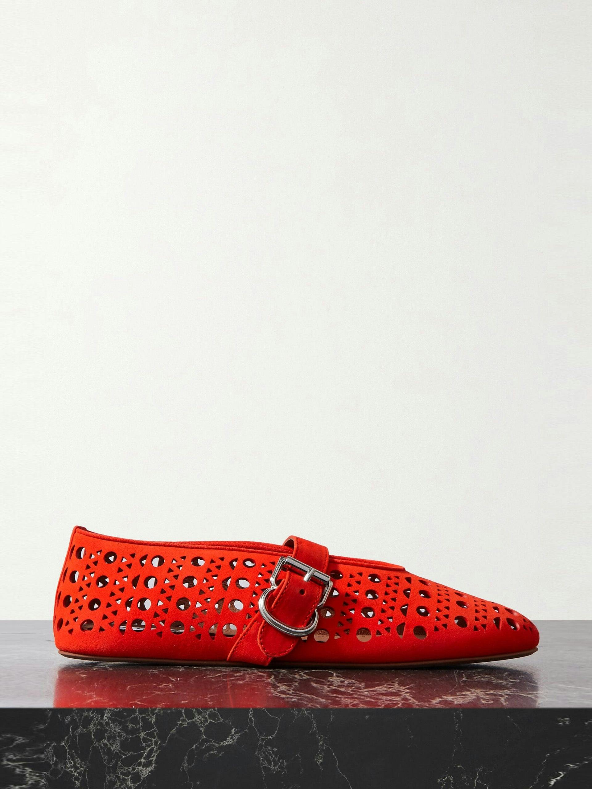 Leather-trimmed perforated suede ballet flats