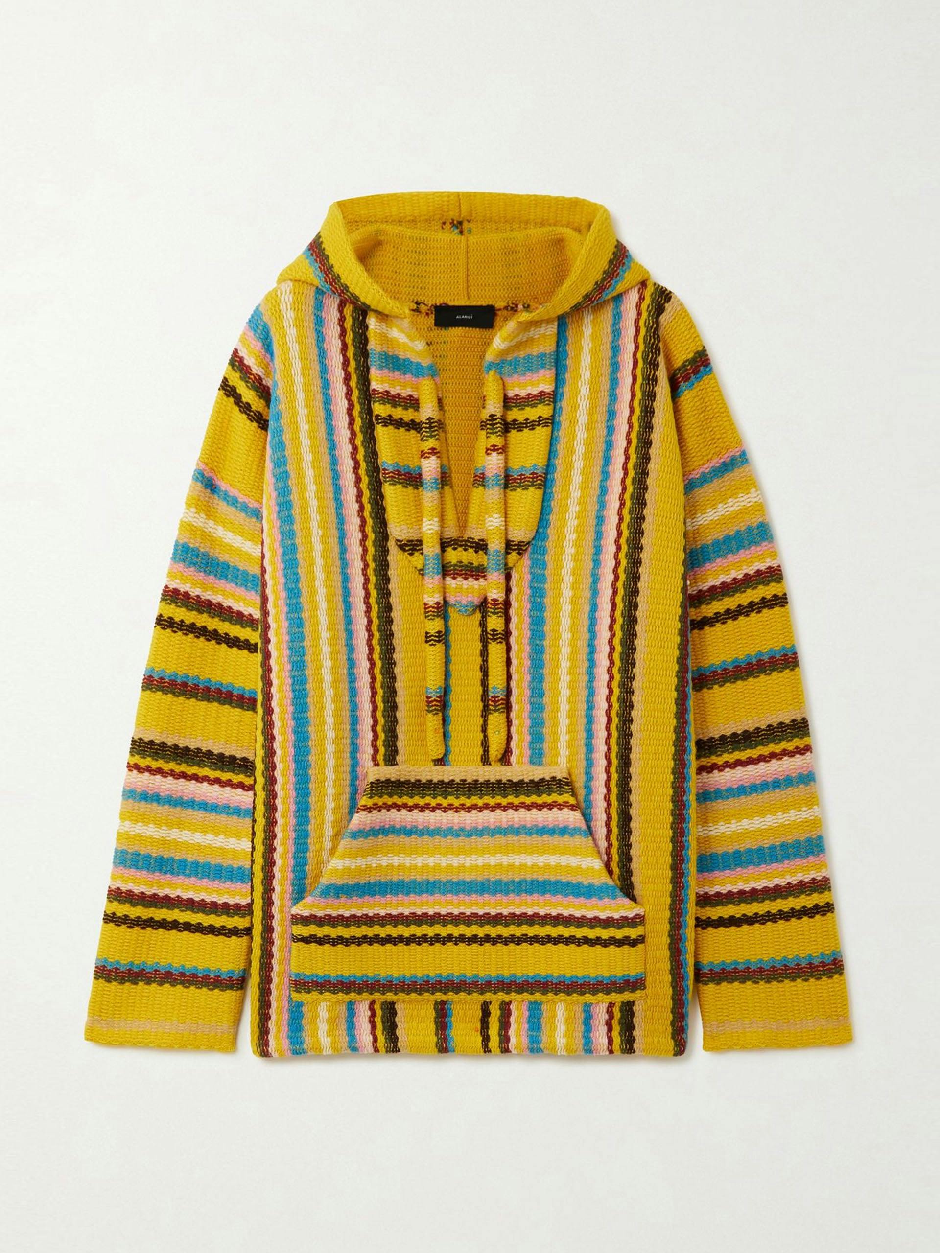Yellow striped knitted merino wool-jacquard poncho