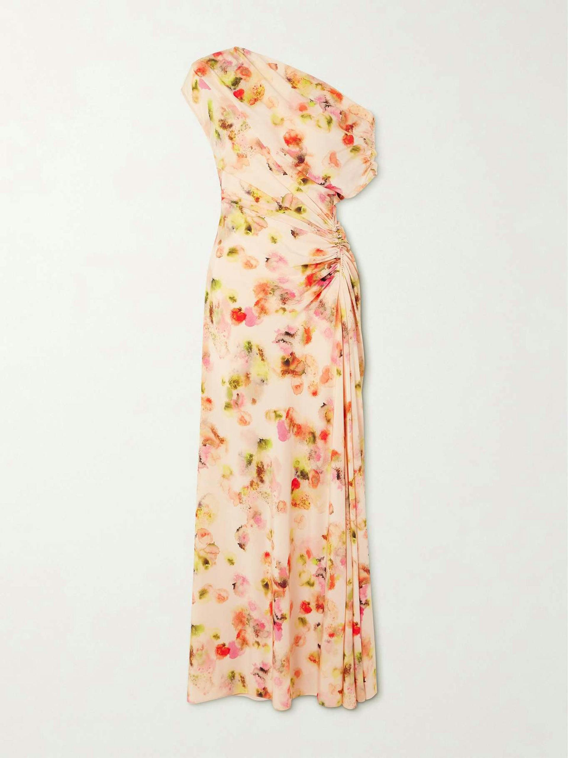 Poppy one-shoulder ruched printed stretch-silk gown