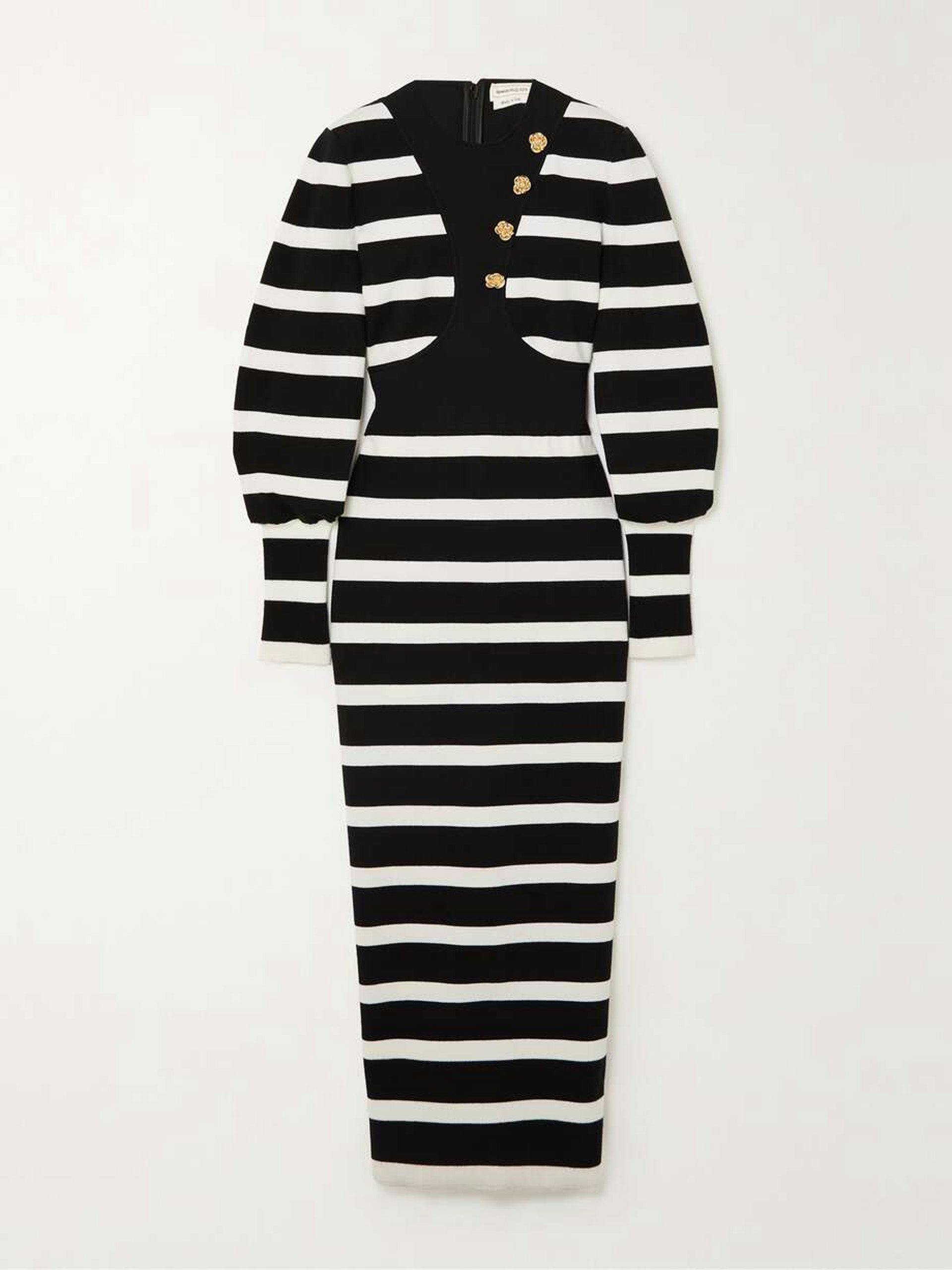 Panelled striped wool-blend midi dress
