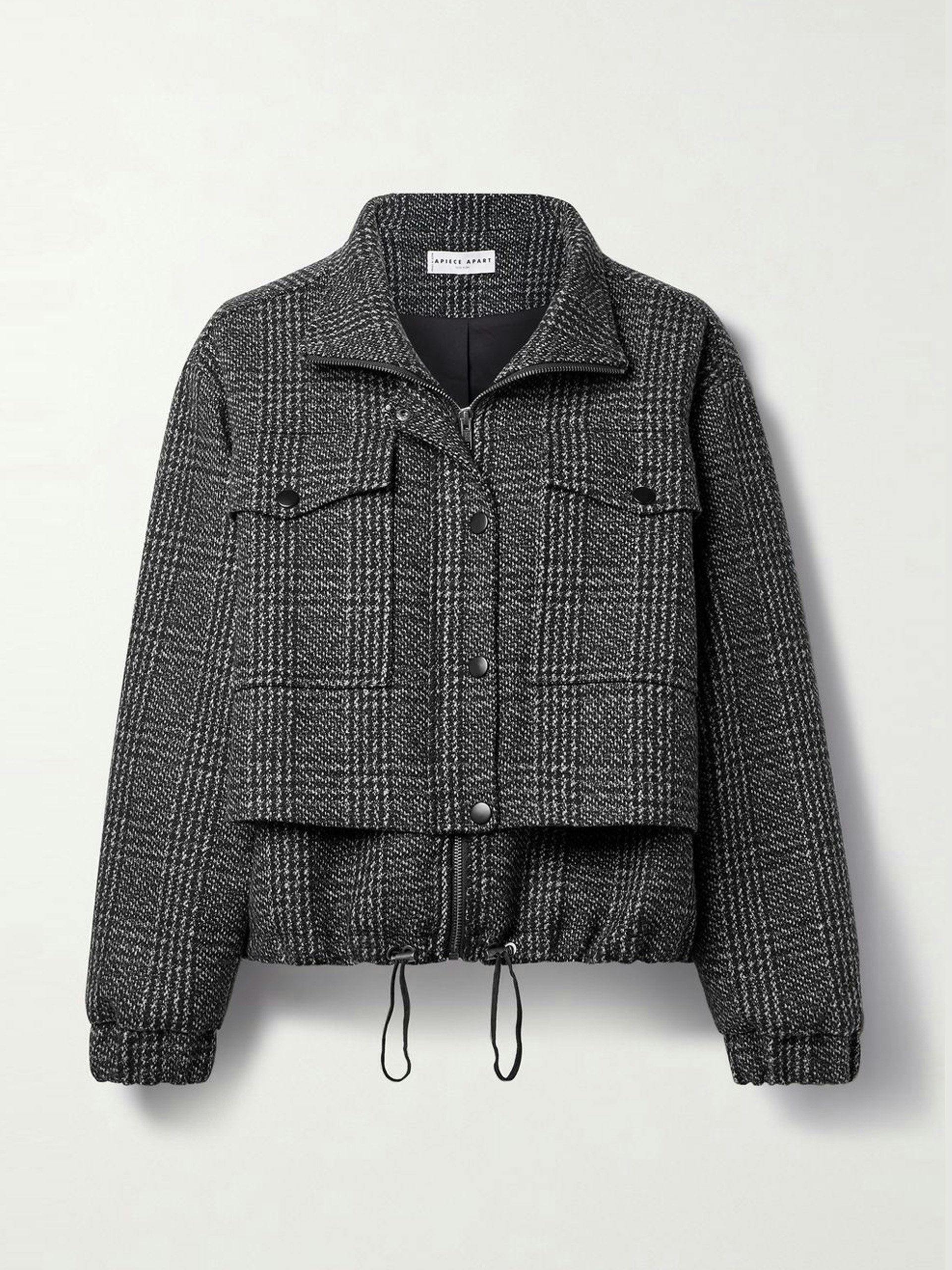 Layered checked wool-blend black jacket